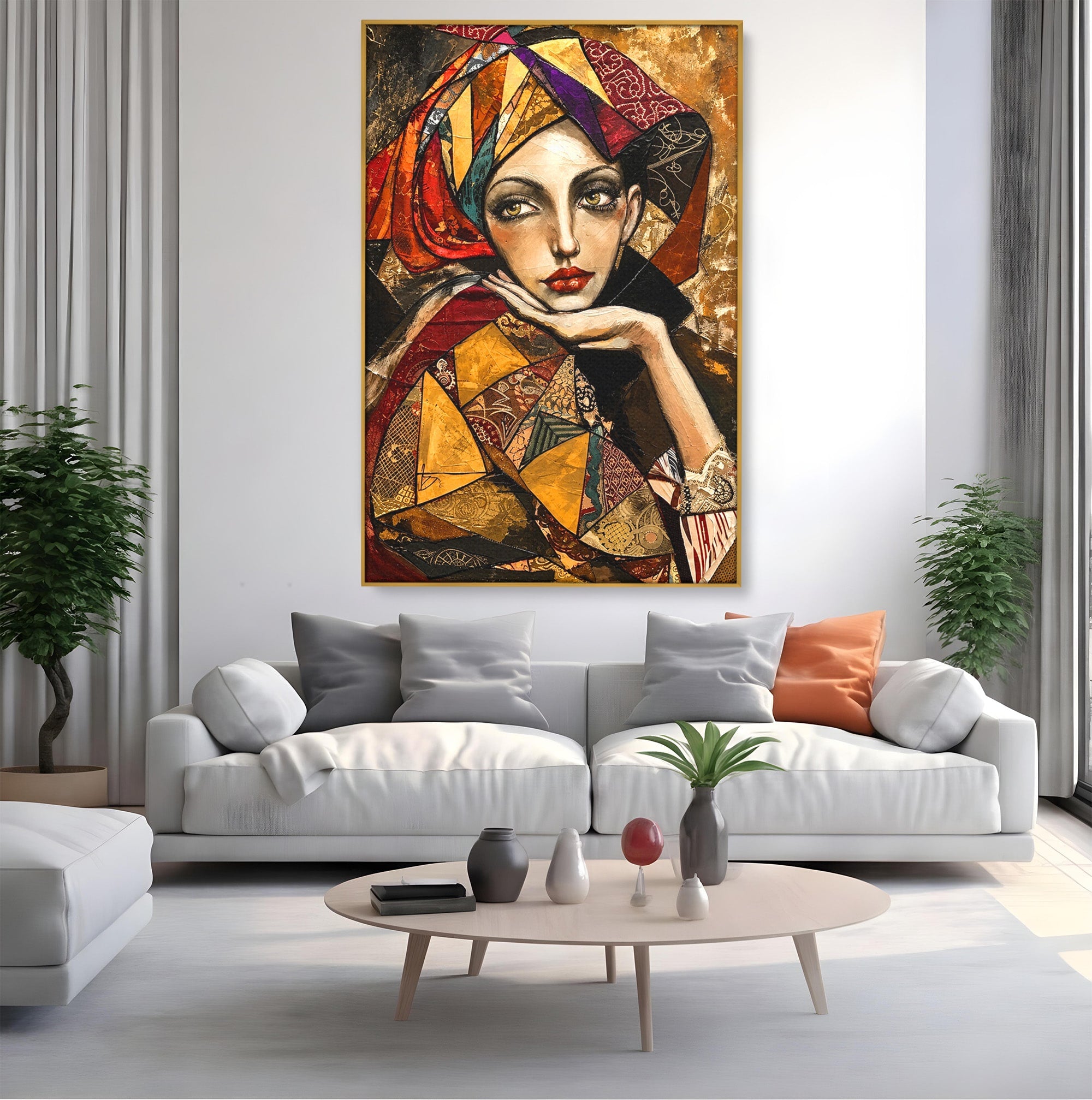 Tablou Canvas Premium LuxCanva® U1074, Misterul Privirii Cu Esarfa, Portret, Femeie, Esarfa, Arta, Dormitor, Culori Vibrante