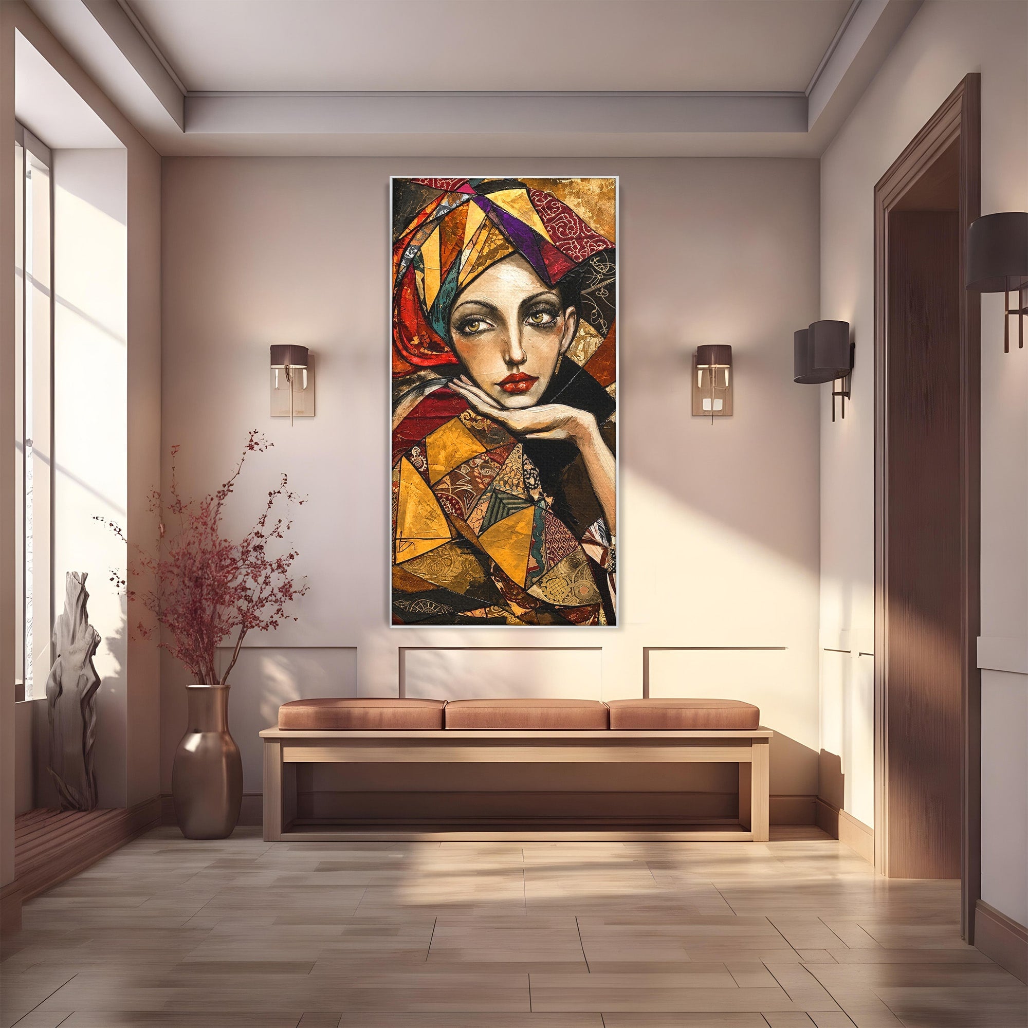 Tablou Canvas Premium LuxCanva® U1074, Misterul Privirii Cu Esarfa, Portret, Femeie, Esarfa, Arta, Dormitor, Culori Vibrante