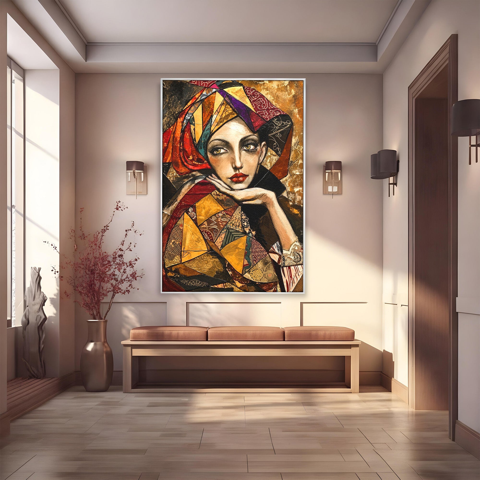 Tablou Canvas Premium LuxCanva® U1074, Misterul Privirii Cu Esarfa, Portret, Femeie, Esarfa, Arta, Dormitor, Culori Vibrante
