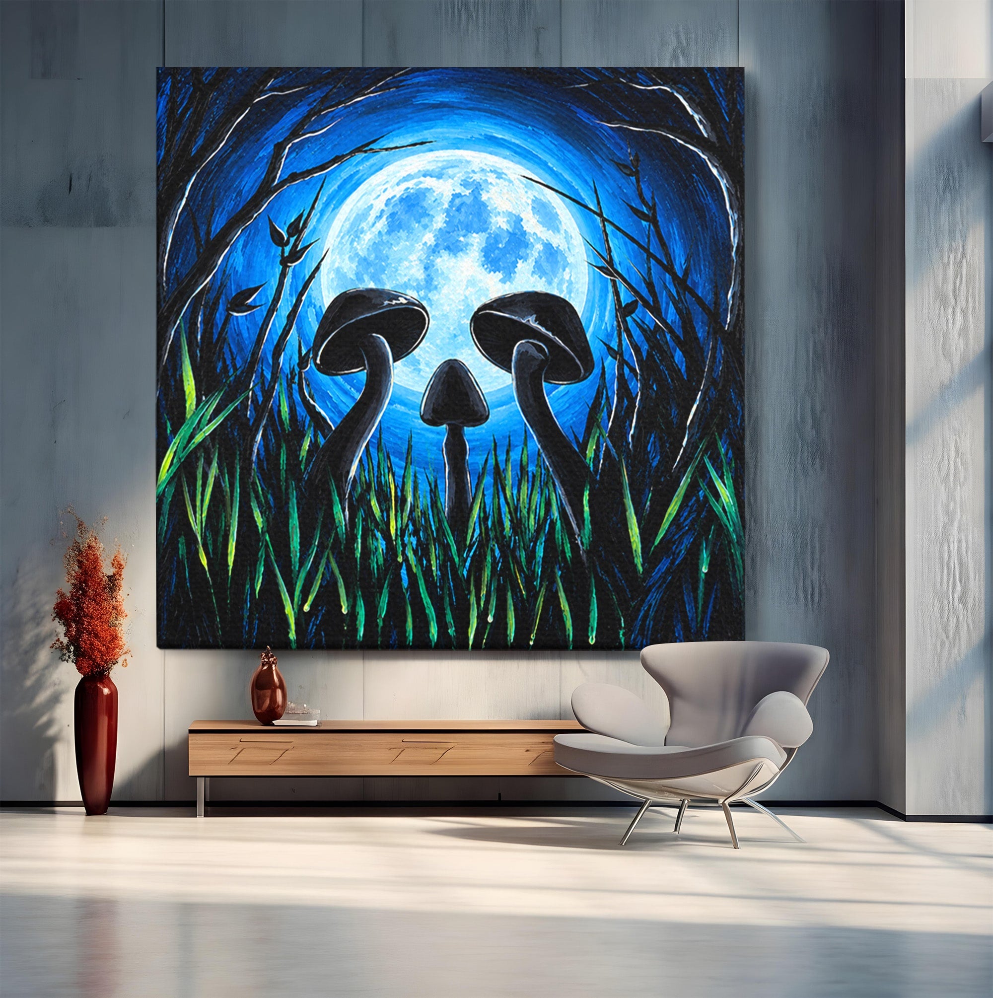 Tablou Canvas Premium LuxCanva® U1075, Ciuperci Sub Luna Plina, Noapte, Natura, Misterios, Ciuperci, Luna, Living, Culori Vibrante