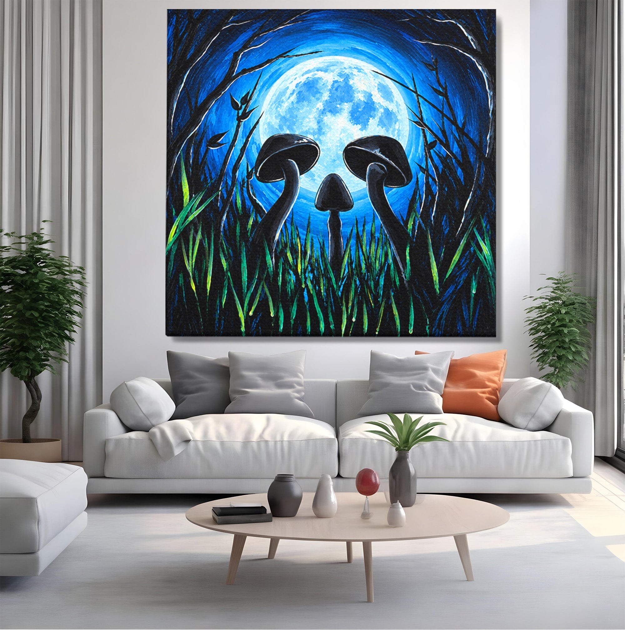 Tablou Canvas Premium LuxCanva® U1075, Ciuperci Sub Luna Plina, Noapte, Natura, Misterios, Ciuperci, Luna, Living, Culori Vibrante