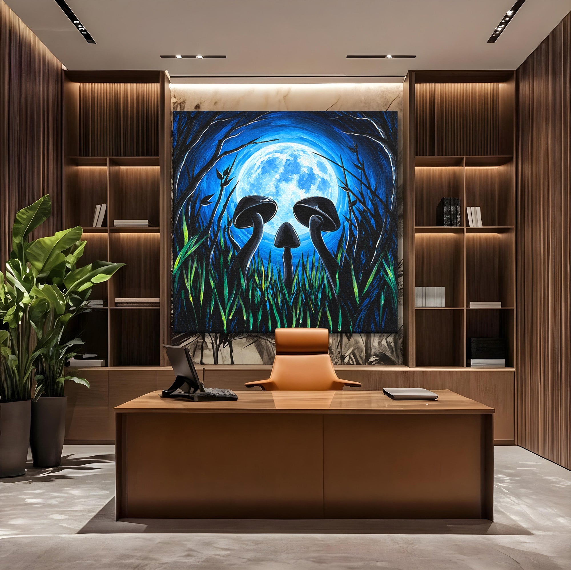 Tablou Canvas Premium LuxCanva® U1075, Ciuperci Sub Luna Plina, Noapte, Natura, Misterios, Ciuperci, Luna, Living, Culori Vibrante