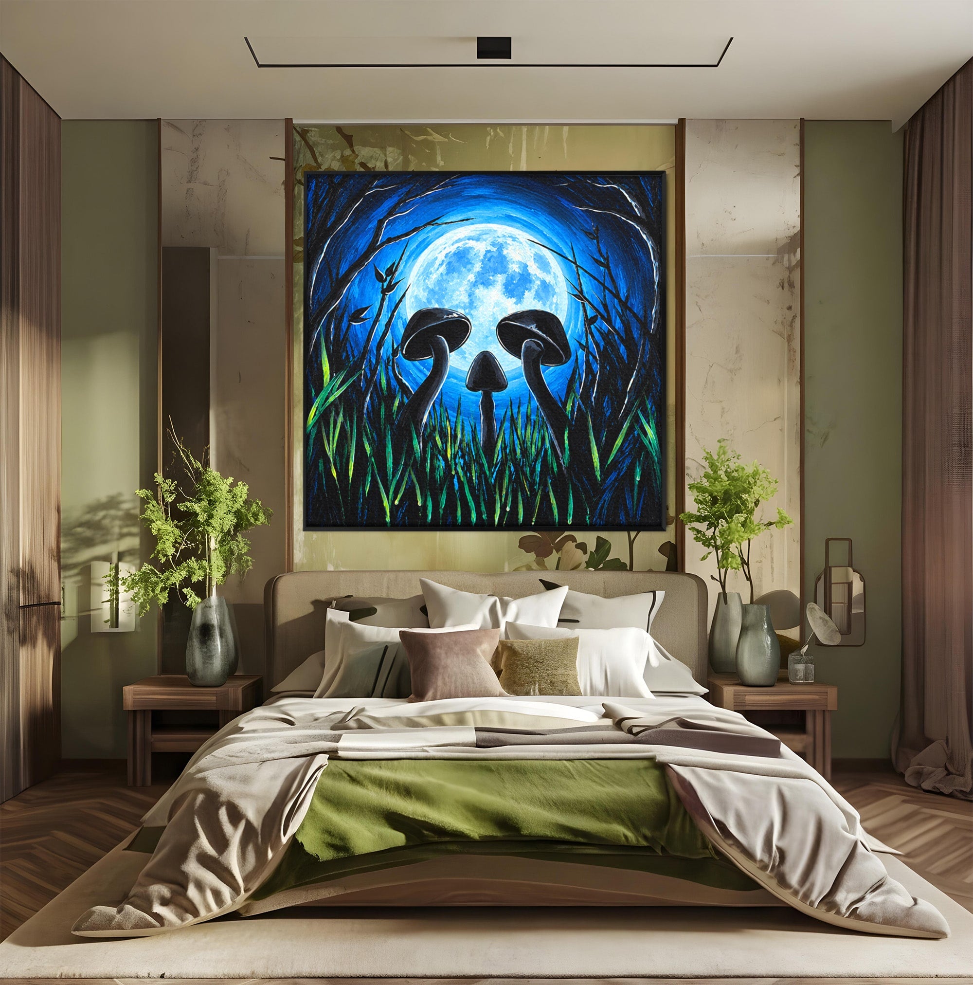 Tablou Canvas Premium LuxCanva® U1075, Ciuperci Sub Luna Plina, Noapte, Natura, Misterios, Ciuperci, Luna, Living, Culori Vibrante