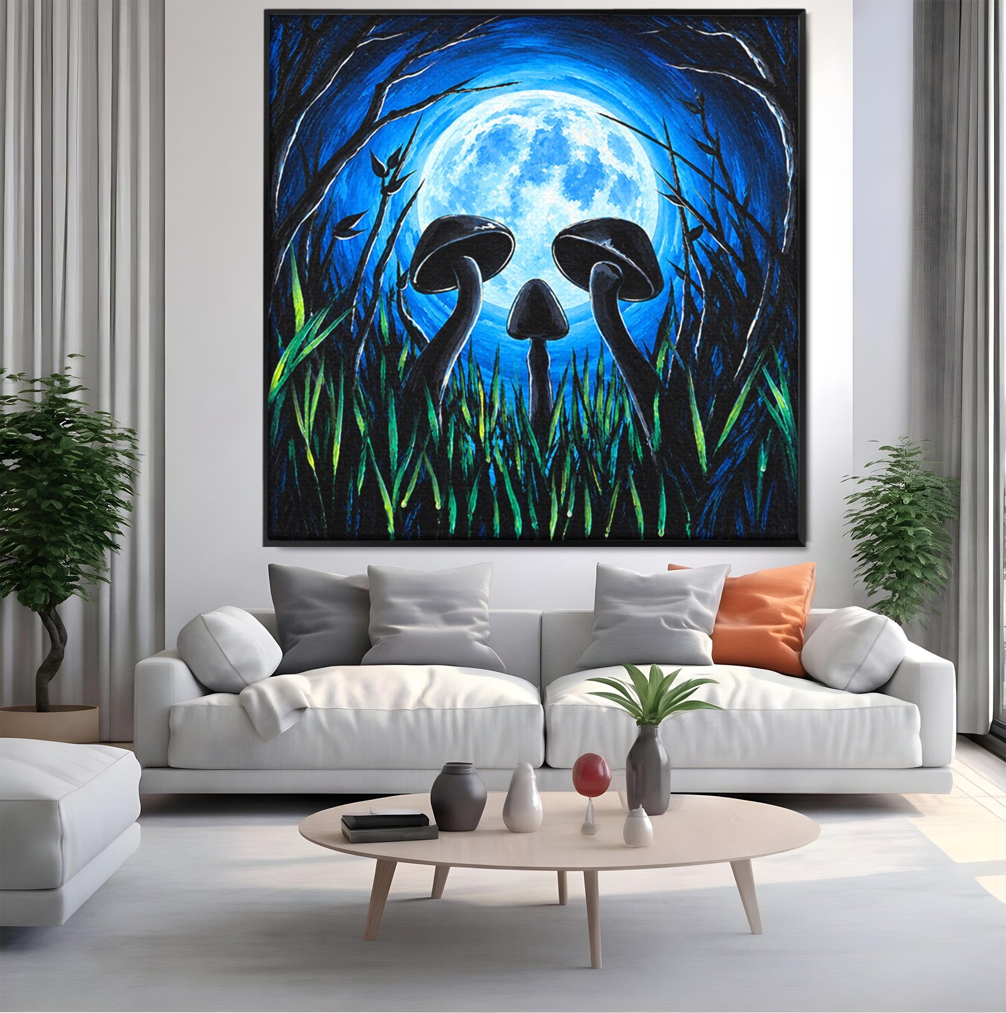 Tablou Canvas Premium LuxCanva® U1075, Ciuperci Sub Luna Plina, Noapte, Natura, Misterios, Ciuperci, Luna, Living, Culori Vibrante