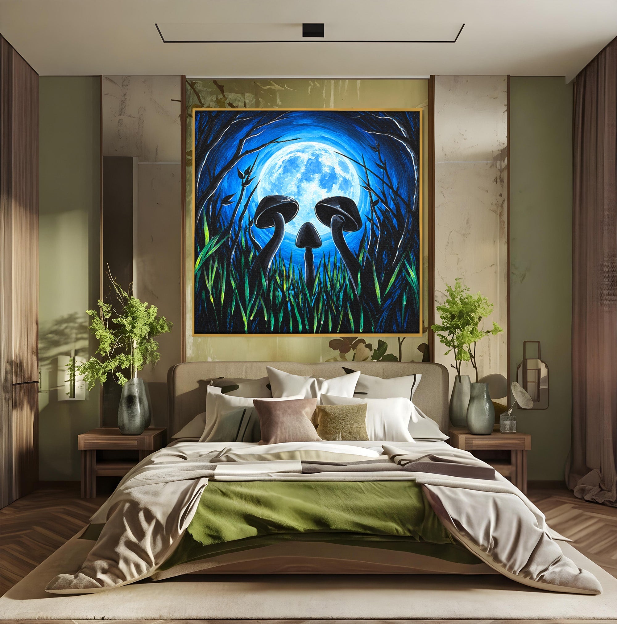 Tablou Canvas Premium LuxCanva® U1075, Ciuperci Sub Luna Plina, Noapte, Natura, Misterios, Ciuperci, Luna, Living, Culori Vibrante