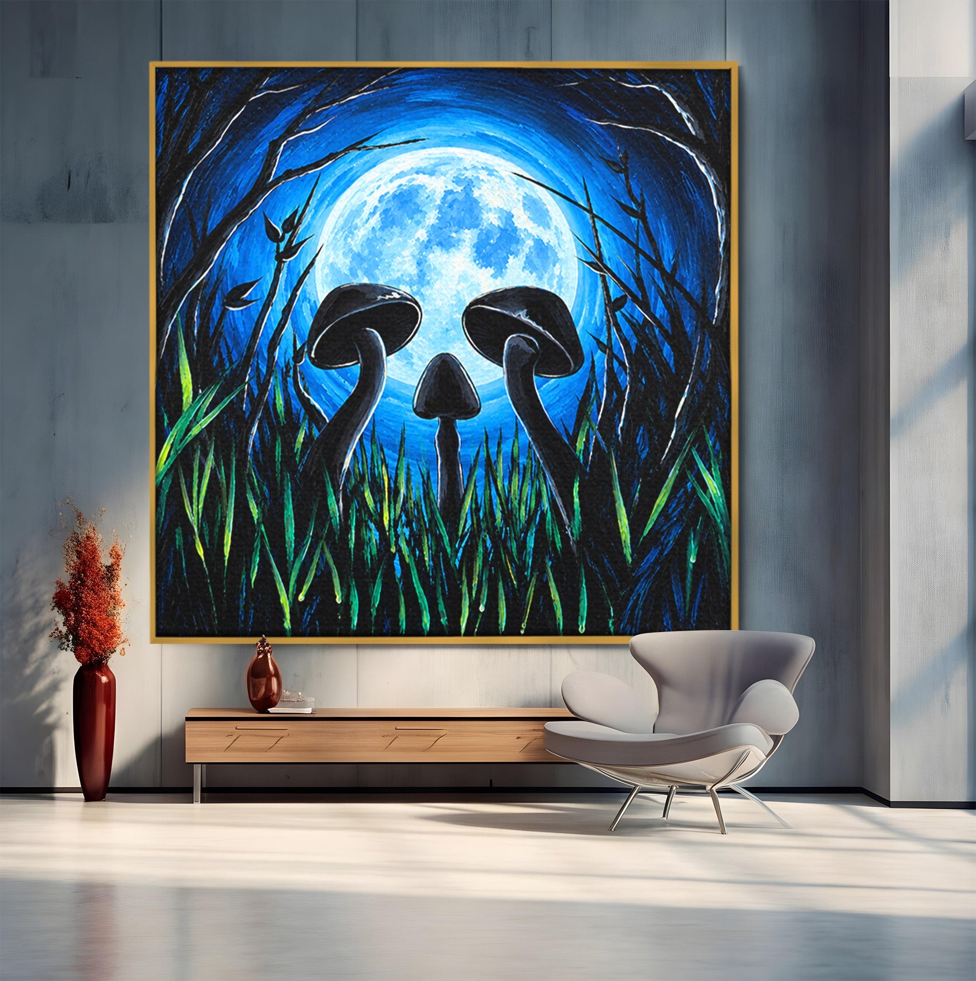 Tablou Canvas Premium LuxCanva® U1075, Ciuperci Sub Luna Plina, Noapte, Natura, Misterios, Ciuperci, Luna, Living, Culori Vibrante