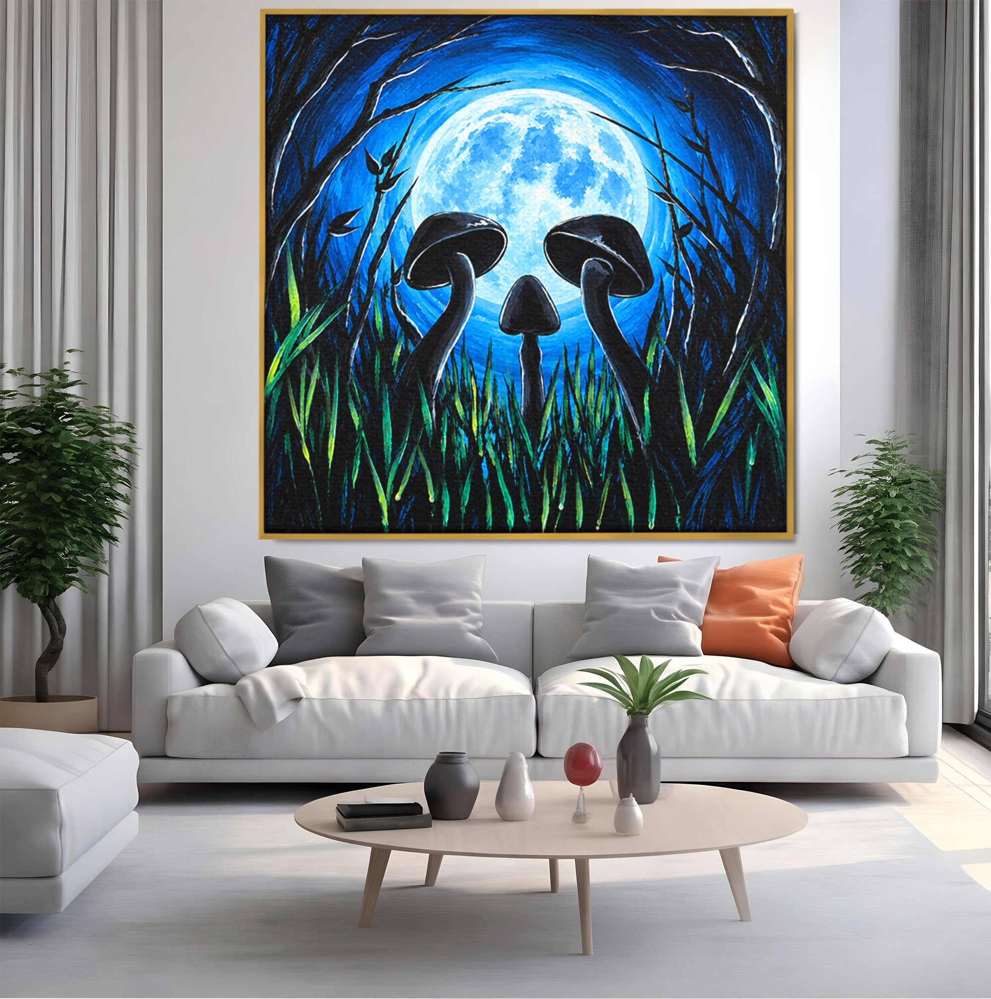 Tablou Canvas Premium LuxCanva® U1075, Ciuperci Sub Luna Plina, Noapte, Natura, Misterios, Ciuperci, Luna, Living, Culori Vibrante