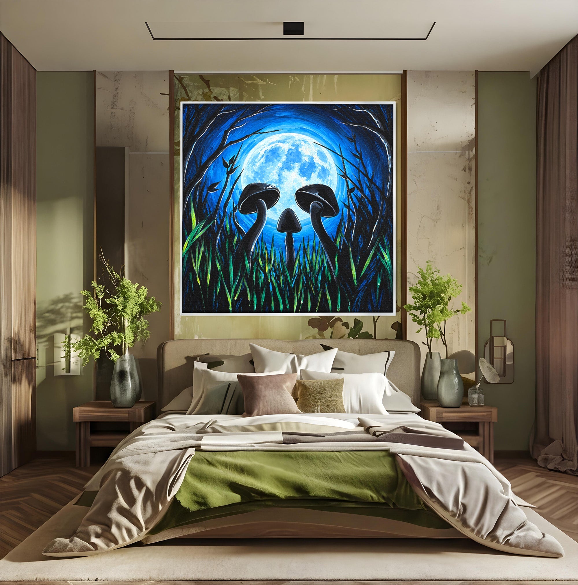Tablou Canvas Premium LuxCanva® U1075, Ciuperci Sub Luna Plina, Noapte, Natura, Misterios, Ciuperci, Luna, Living, Culori Vibrante
