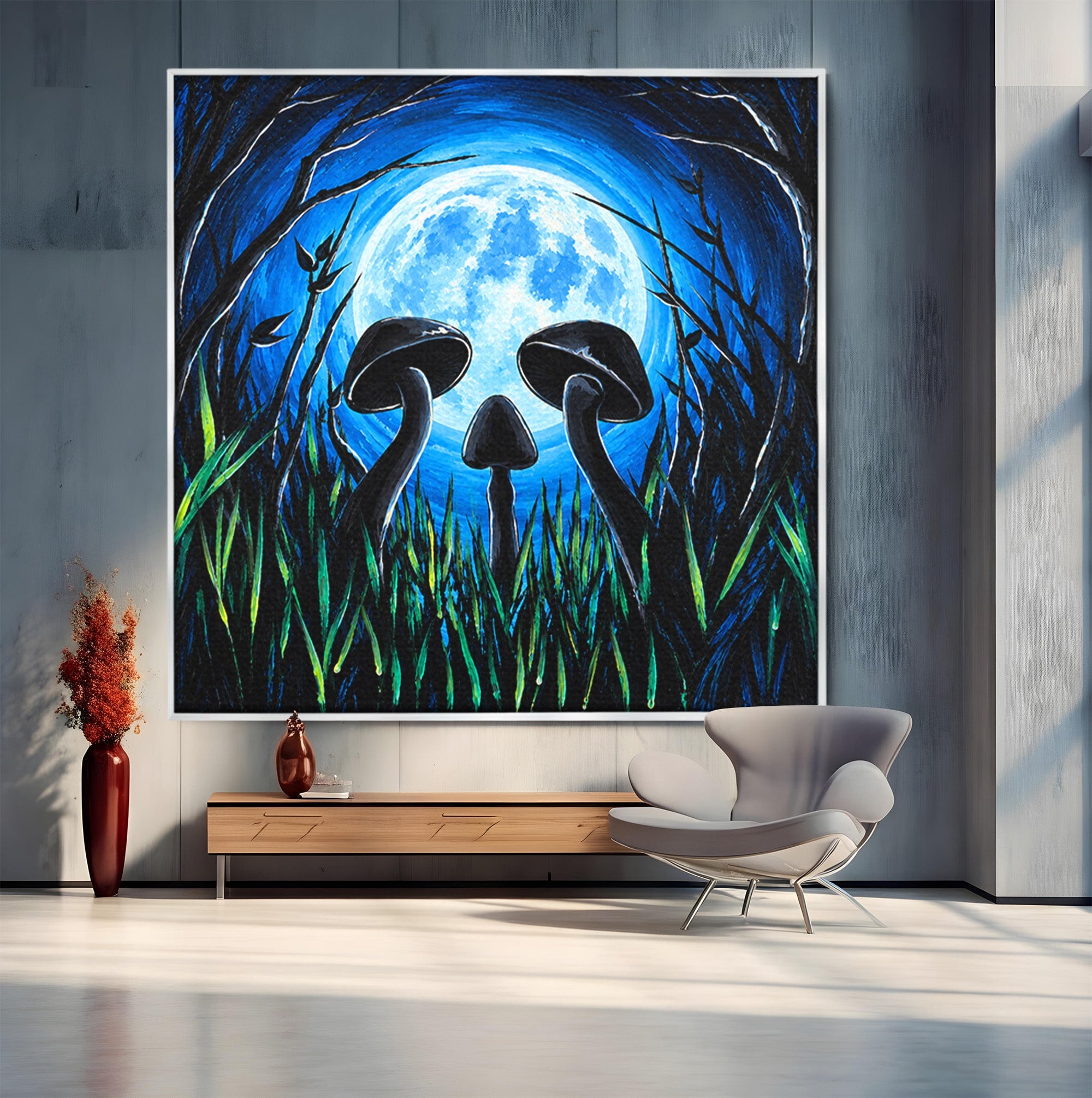 Tablou Canvas Premium LuxCanva® U1075, Ciuperci Sub Luna Plina, Noapte, Natura, Misterios, Ciuperci, Luna, Living, Culori Vibrante