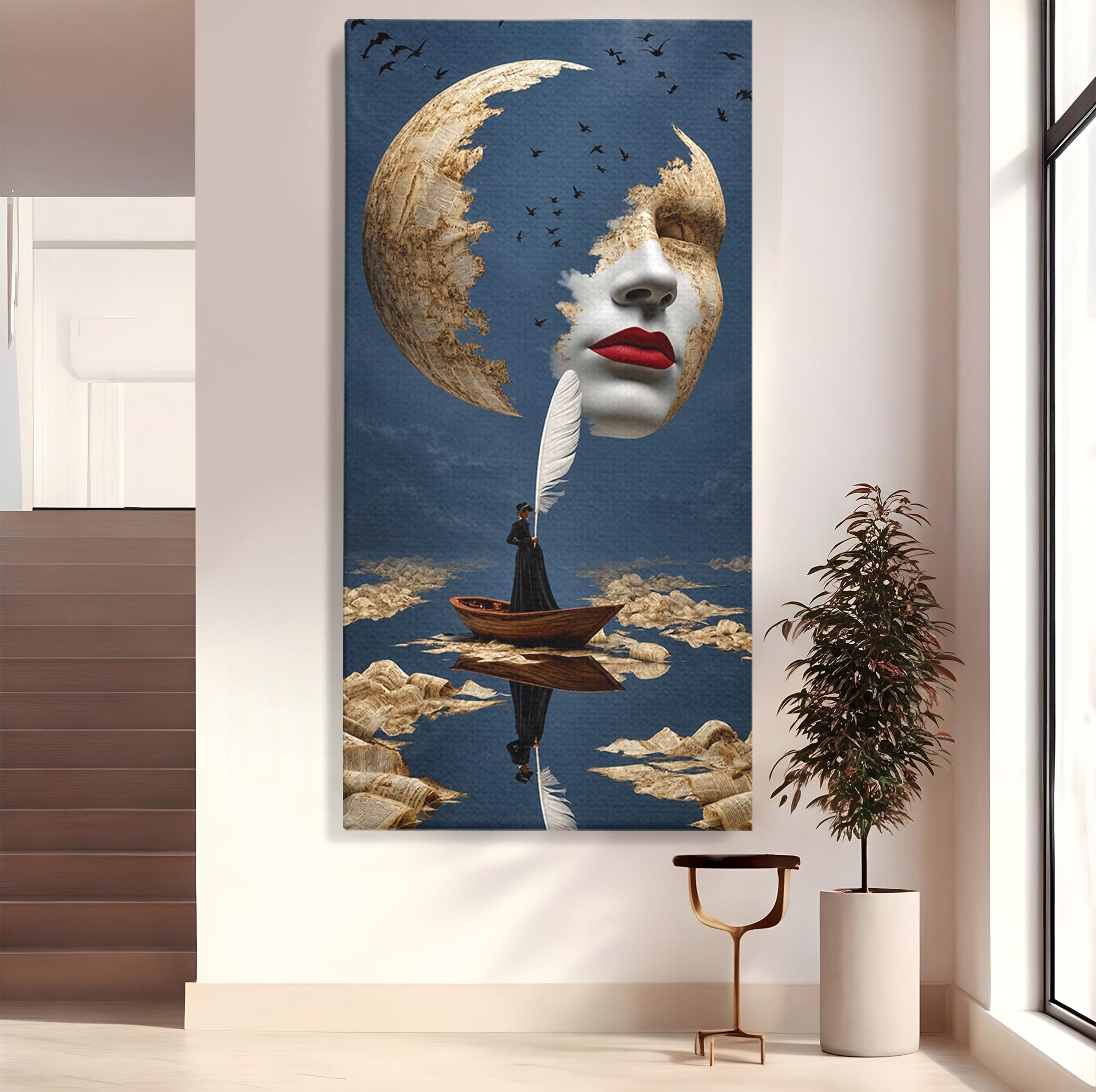 Tablou Canvas Premium LuxCanva® U1076, Fata Lunii, Surrealism, Luna, Chip, Barca, Cer, Living, Culori Vibrante