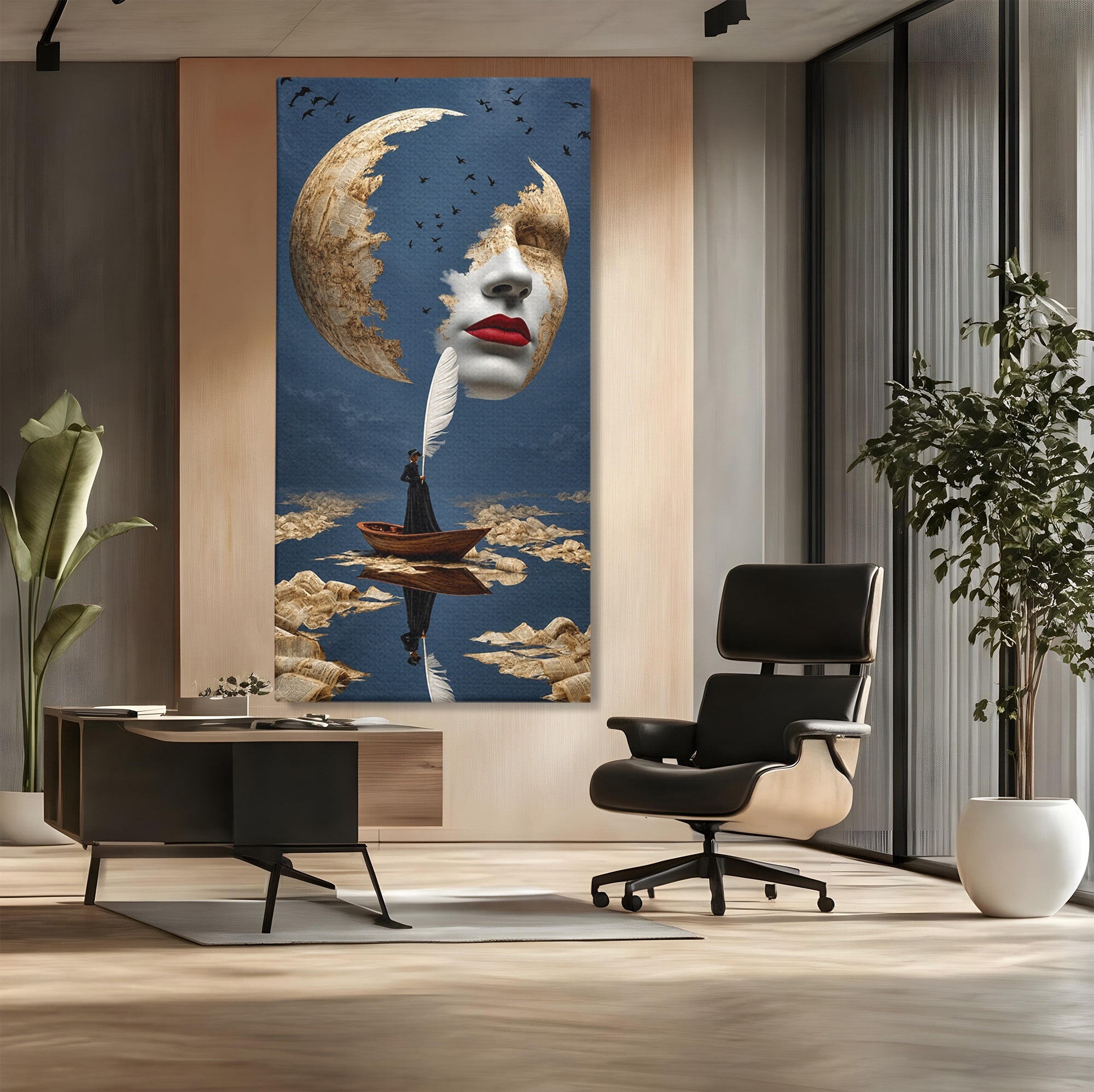 Tablou Canvas Premium LuxCanva® U1076, Fata Lunii, Surrealism, Luna, Chip, Barca, Cer, Living, Culori Vibrante