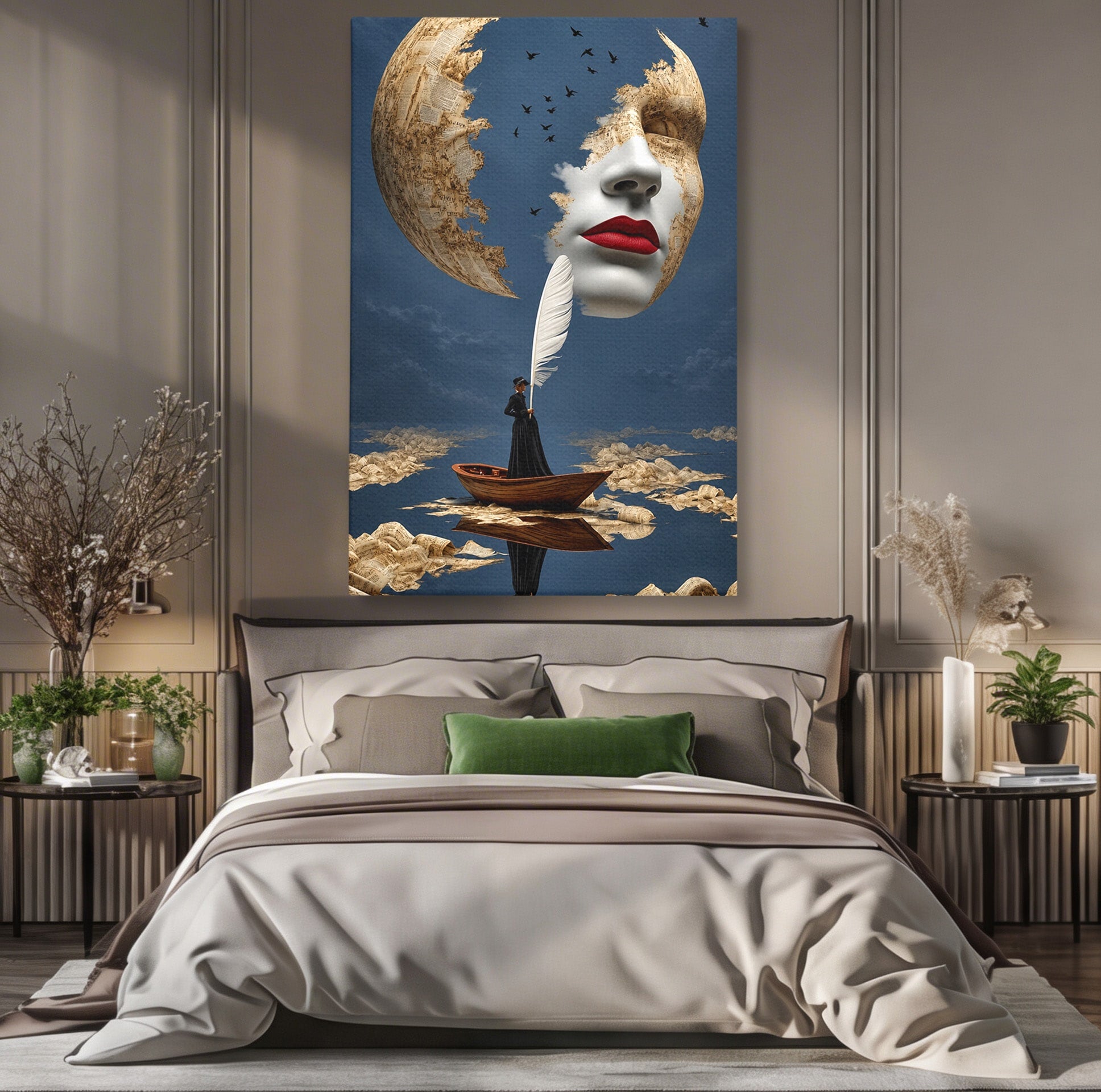 Tablou Canvas Premium LuxCanva® U1076, Fata Lunii, Surrealism, Luna, Chip, Barca, Cer, Living, Culori Vibrante