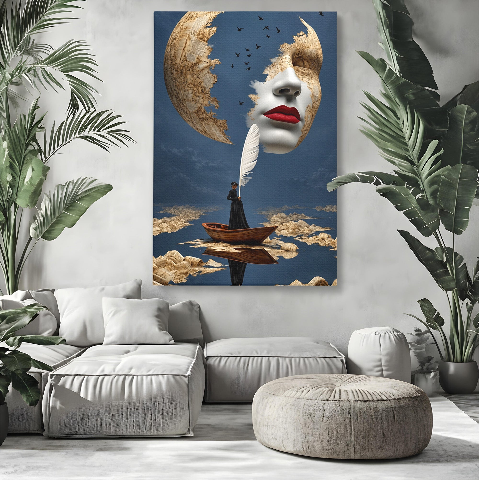 Tablou Canvas Premium LuxCanva® U1076, Fata Lunii, Surrealism, Luna, Chip, Barca, Cer, Living, Culori Vibrante
