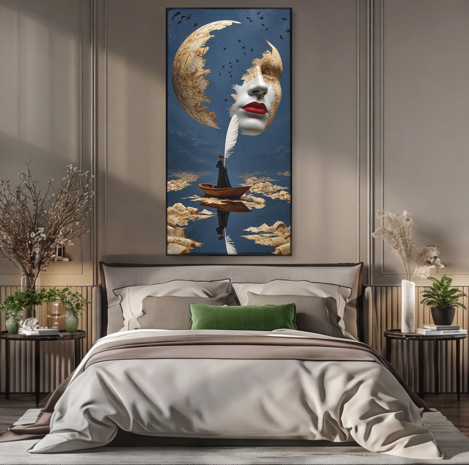 Tablou Canvas Premium LuxCanva® U1076, Fata Lunii, Surrealism, Luna, Chip, Barca, Cer, Living, Culori Vibrante
