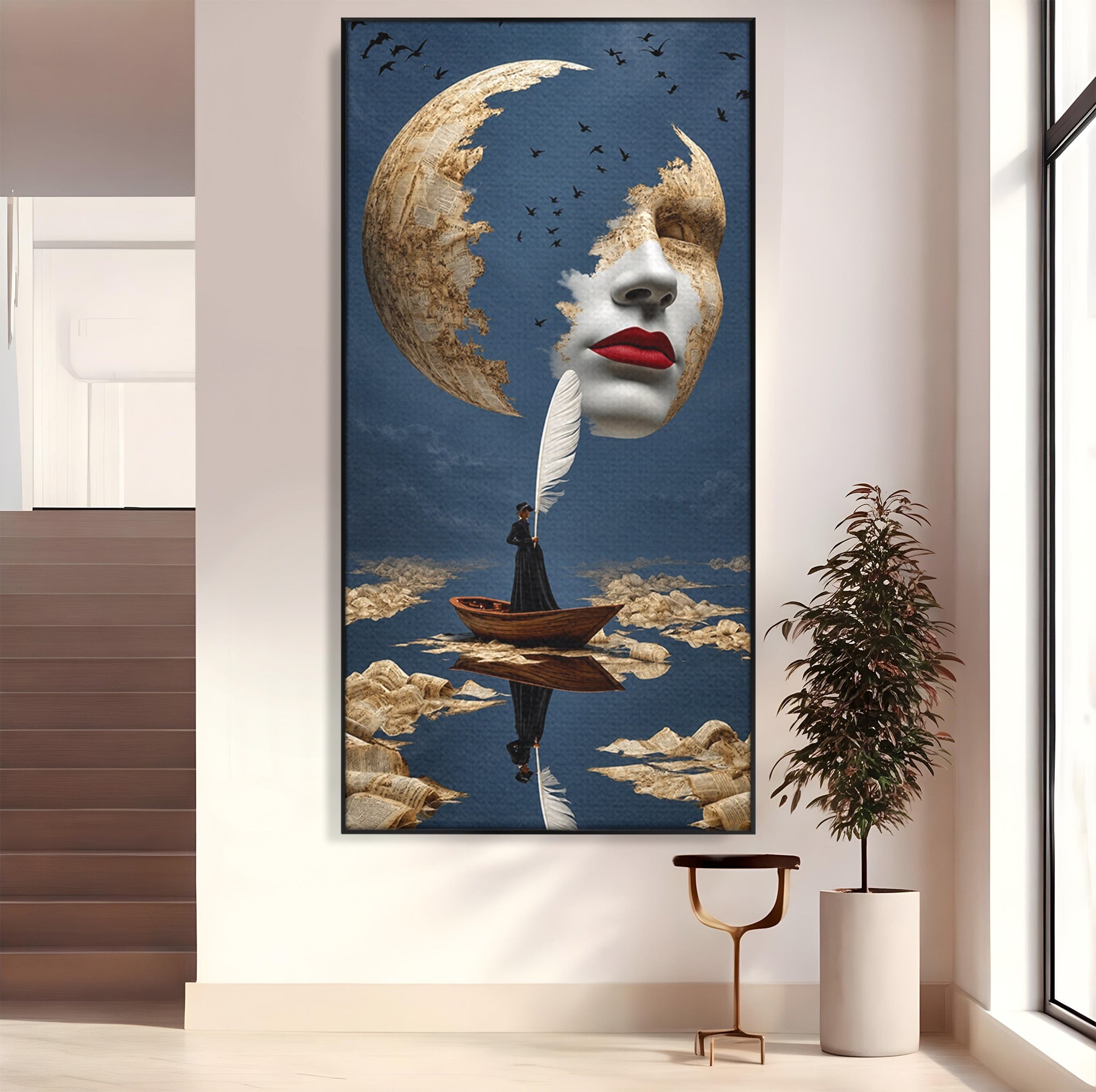 Tablou Canvas Premium LuxCanva® U1076, Fata Lunii, Surrealism, Luna, Chip, Barca, Cer, Living, Culori Vibrante