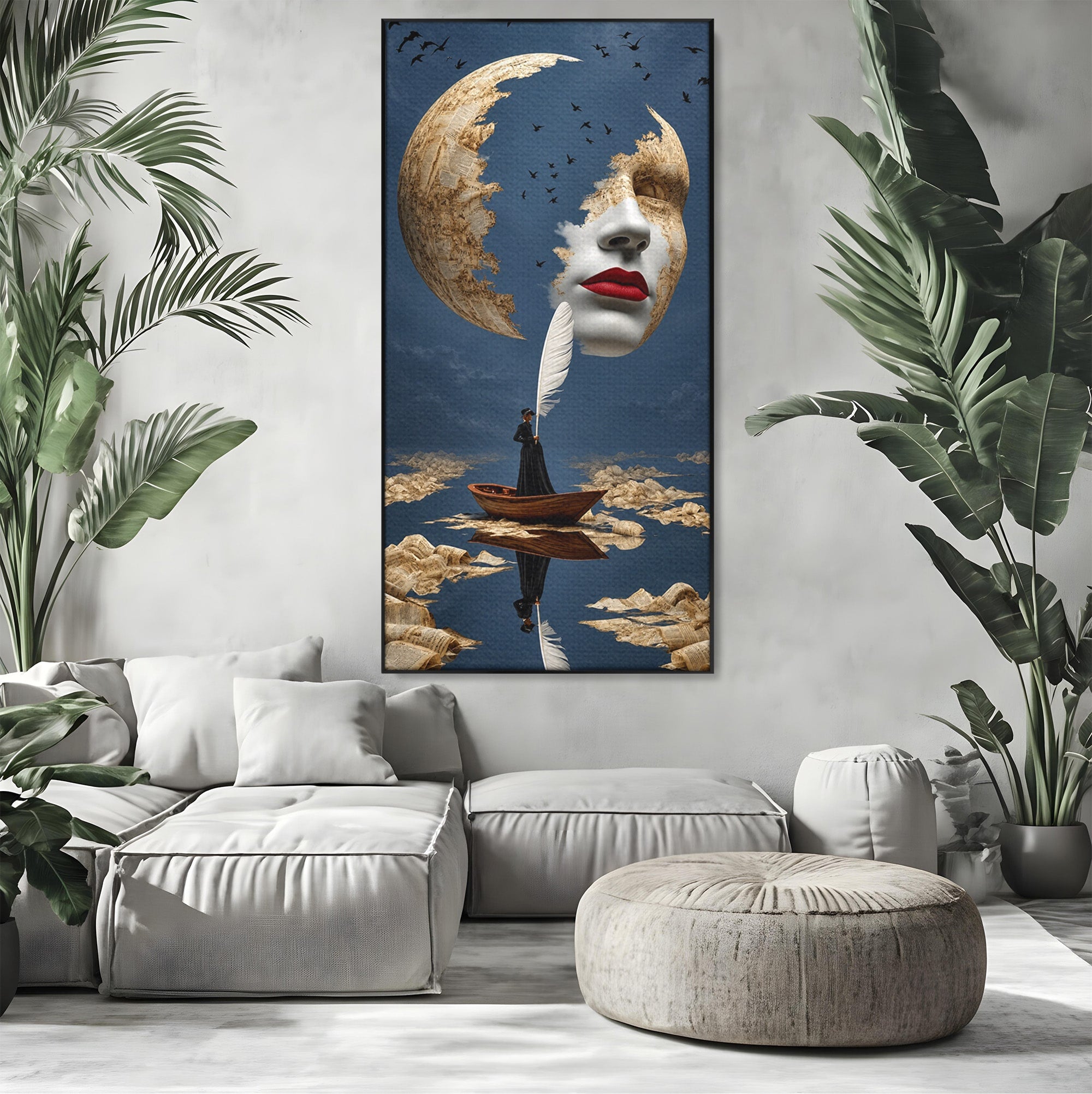 Tablou Canvas Premium LuxCanva® U1076, Fata Lunii, Surrealism, Luna, Chip, Barca, Cer, Living, Culori Vibrante
