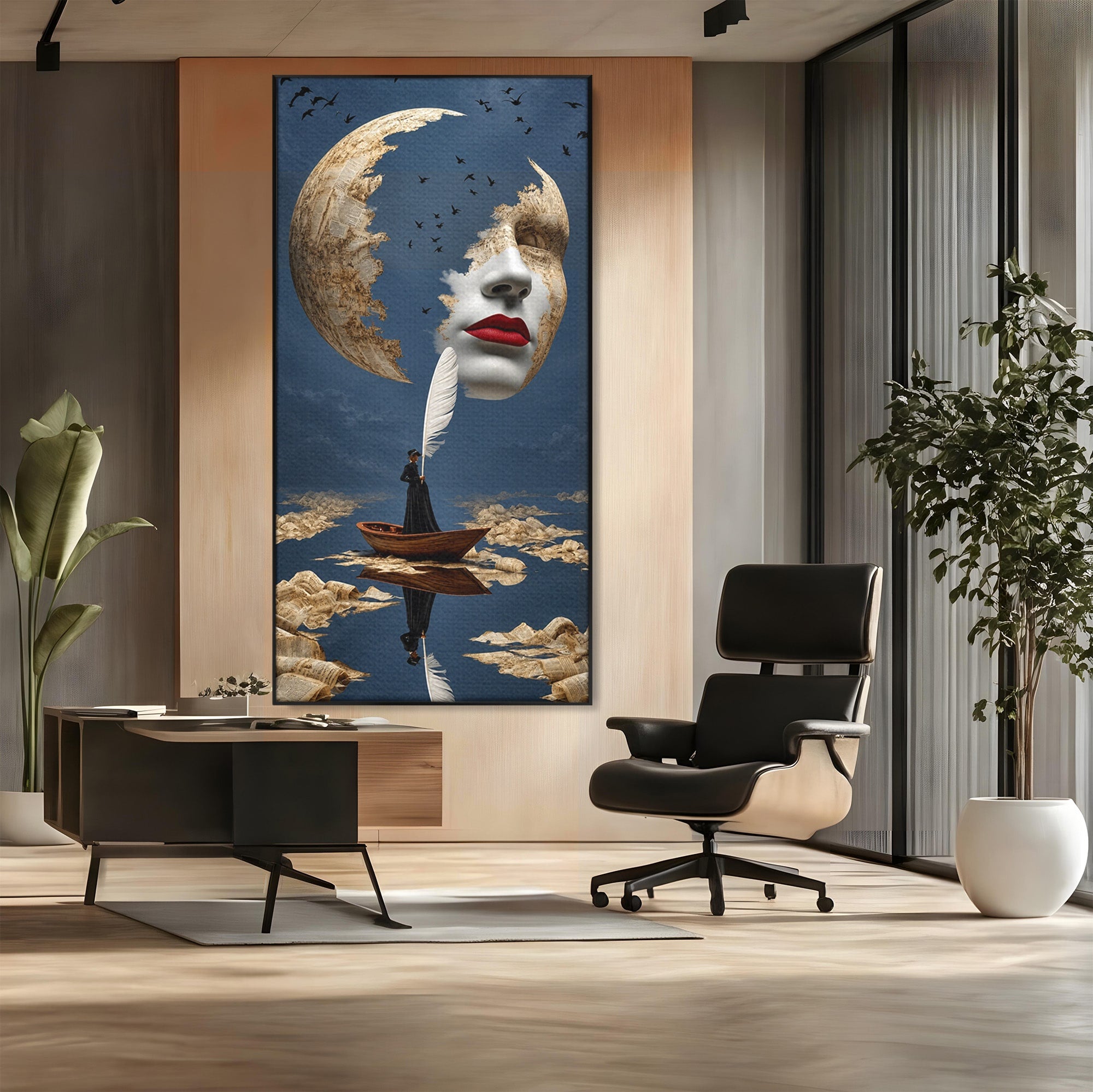 Tablou Canvas Premium LuxCanva® U1076, Fata Lunii, Surrealism, Luna, Chip, Barca, Cer, Living, Culori Vibrante