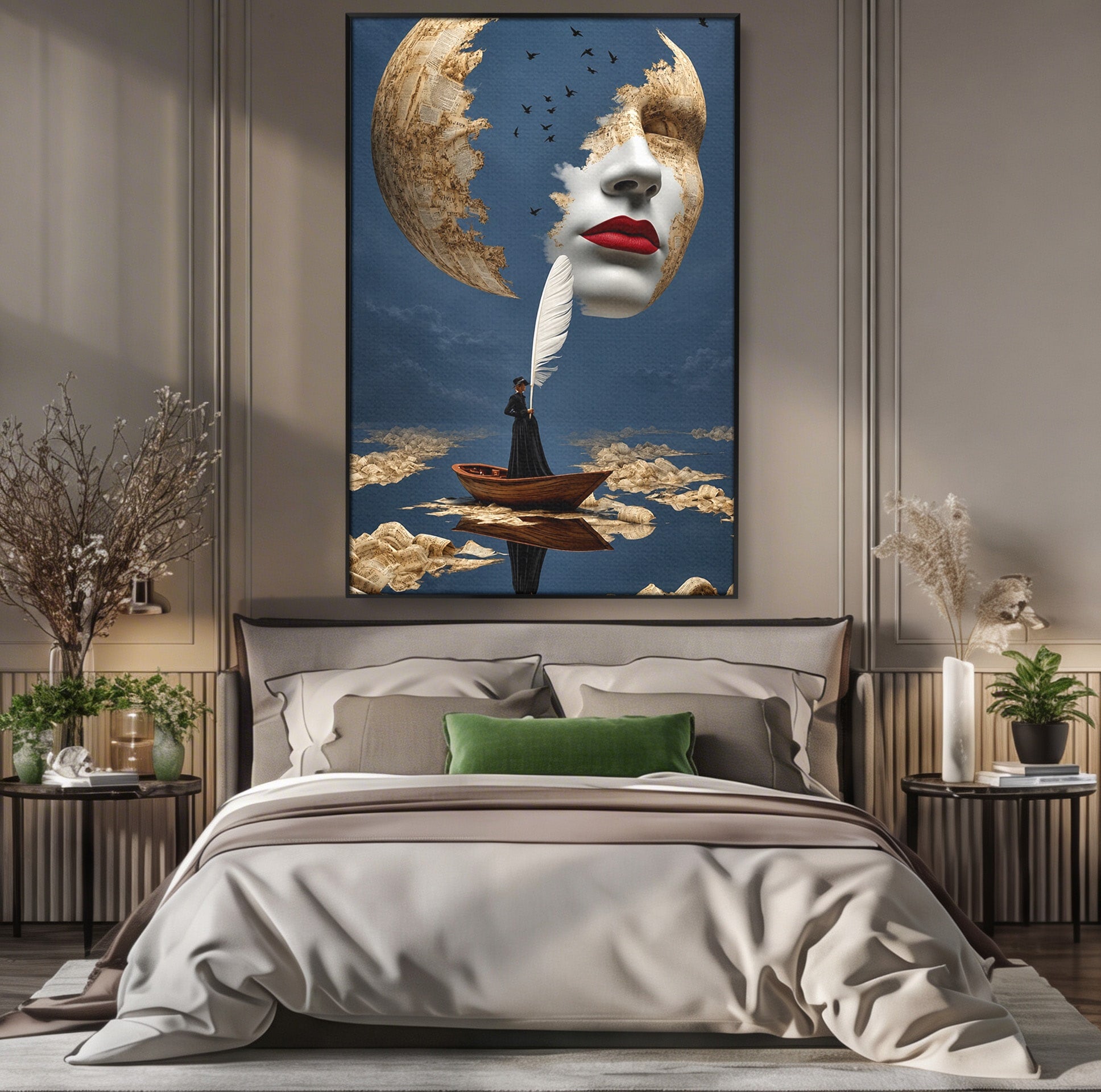 Tablou Canvas Premium LuxCanva® U1076, Fata Lunii, Surrealism, Luna, Chip, Barca, Cer, Living, Culori Vibrante