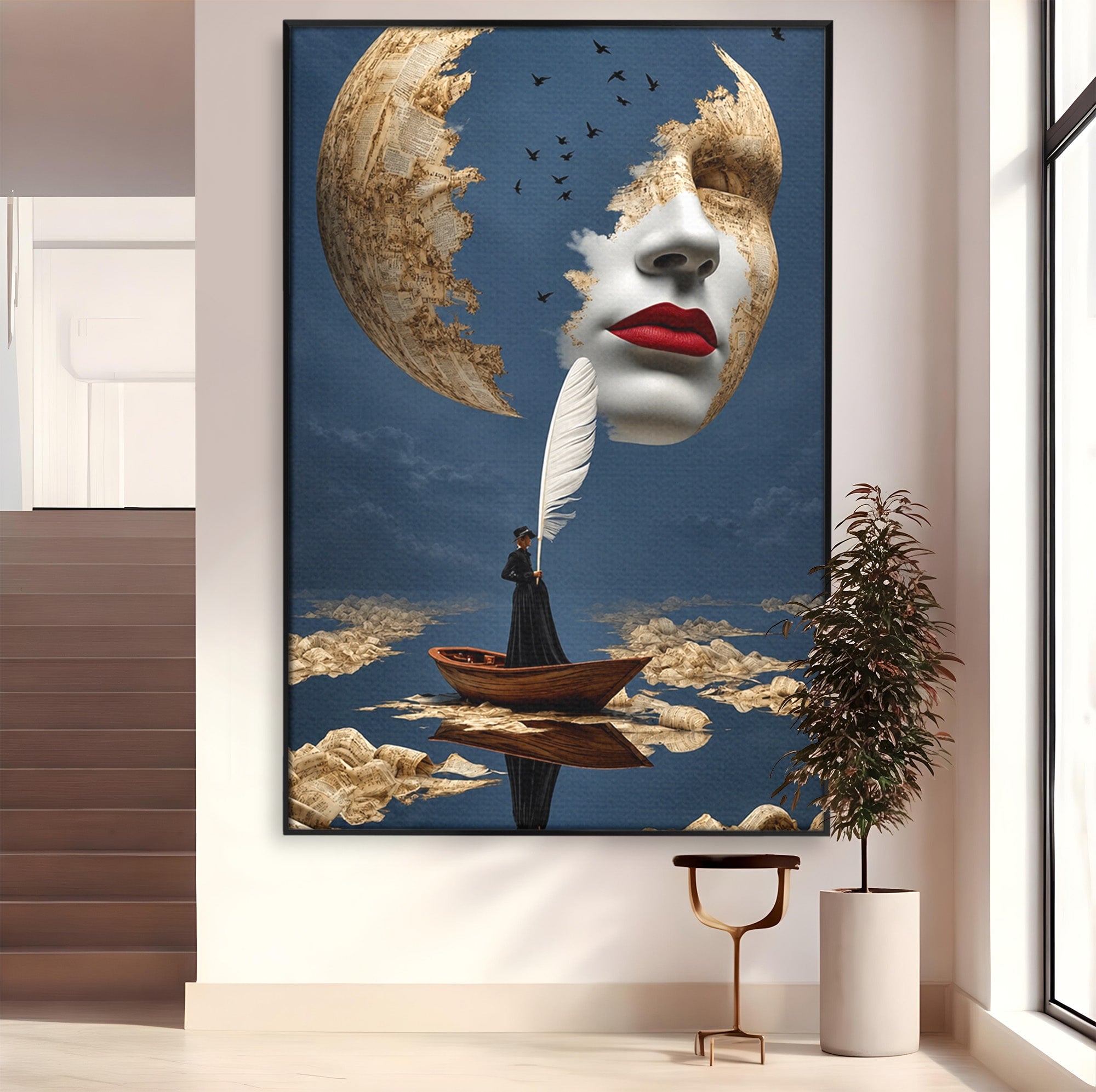 Tablou Canvas Premium LuxCanva® U1076, Fata Lunii, Surrealism, Luna, Chip, Barca, Cer, Living, Culori Vibrante
