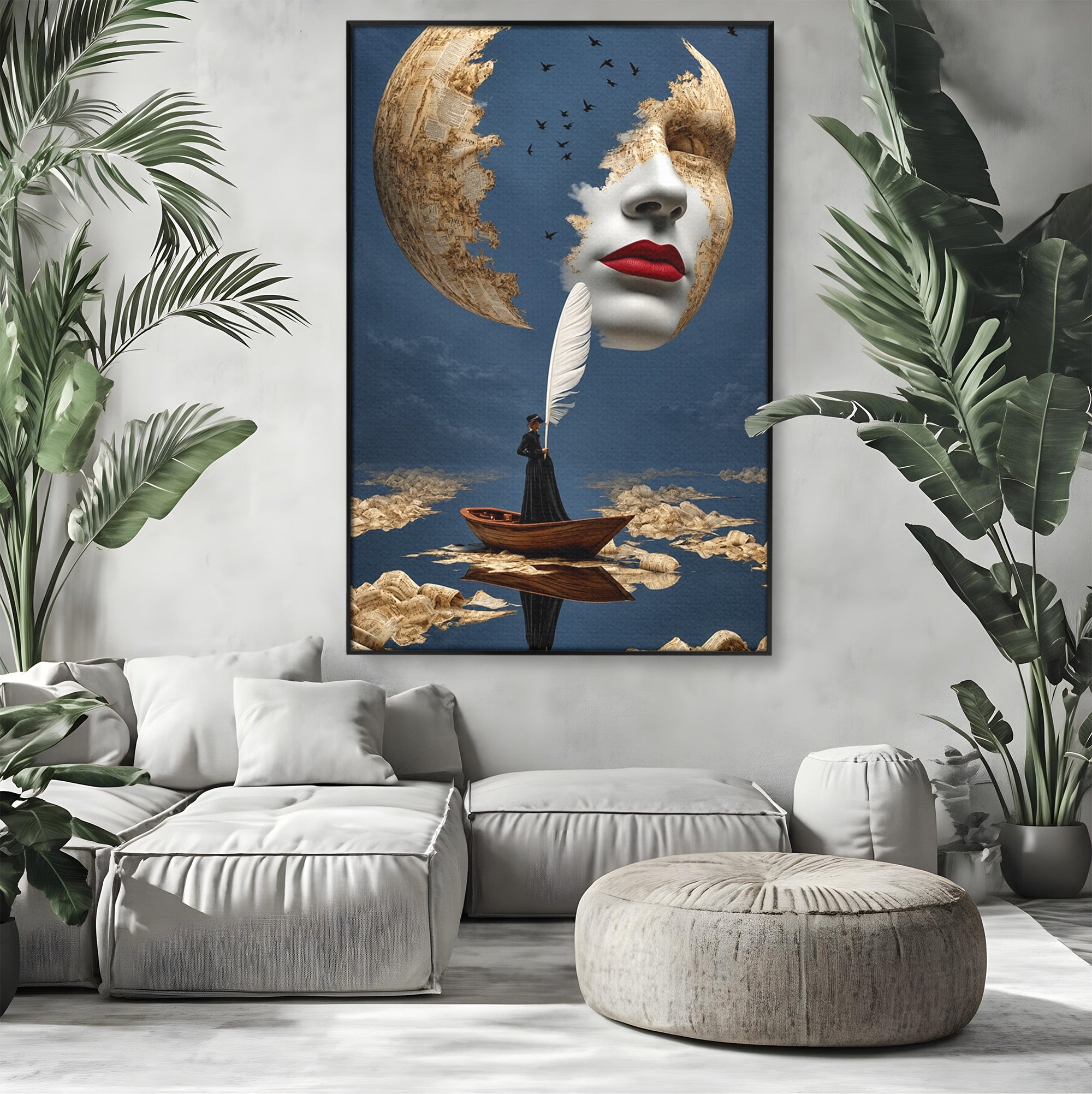 Tablou Canvas Premium LuxCanva® U1076, Fata Lunii, Surrealism, Luna, Chip, Barca, Cer, Living, Culori Vibrante