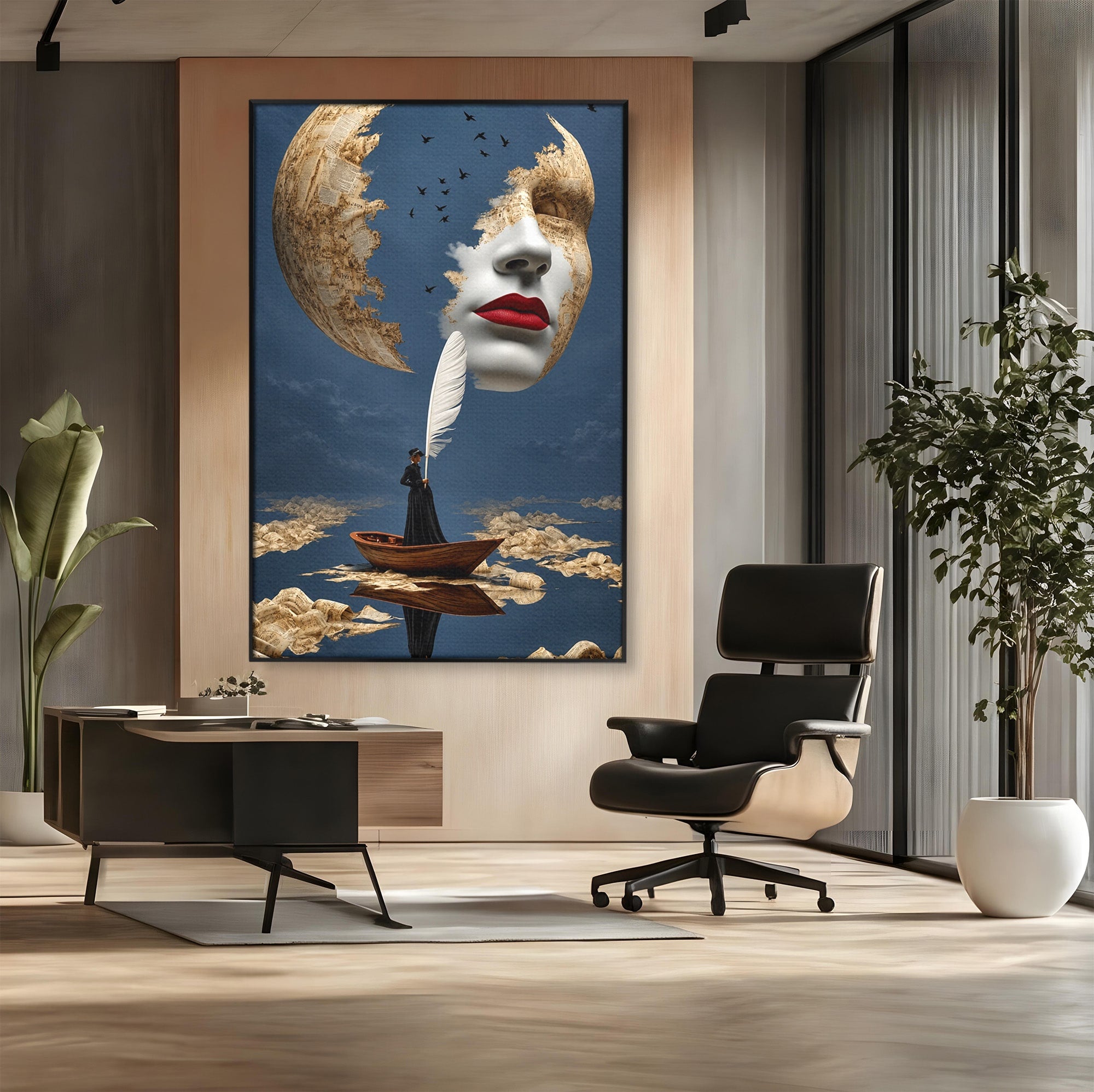 Tablou Canvas Premium LuxCanva® U1076, Fata Lunii, Surrealism, Luna, Chip, Barca, Cer, Living, Culori Vibrante