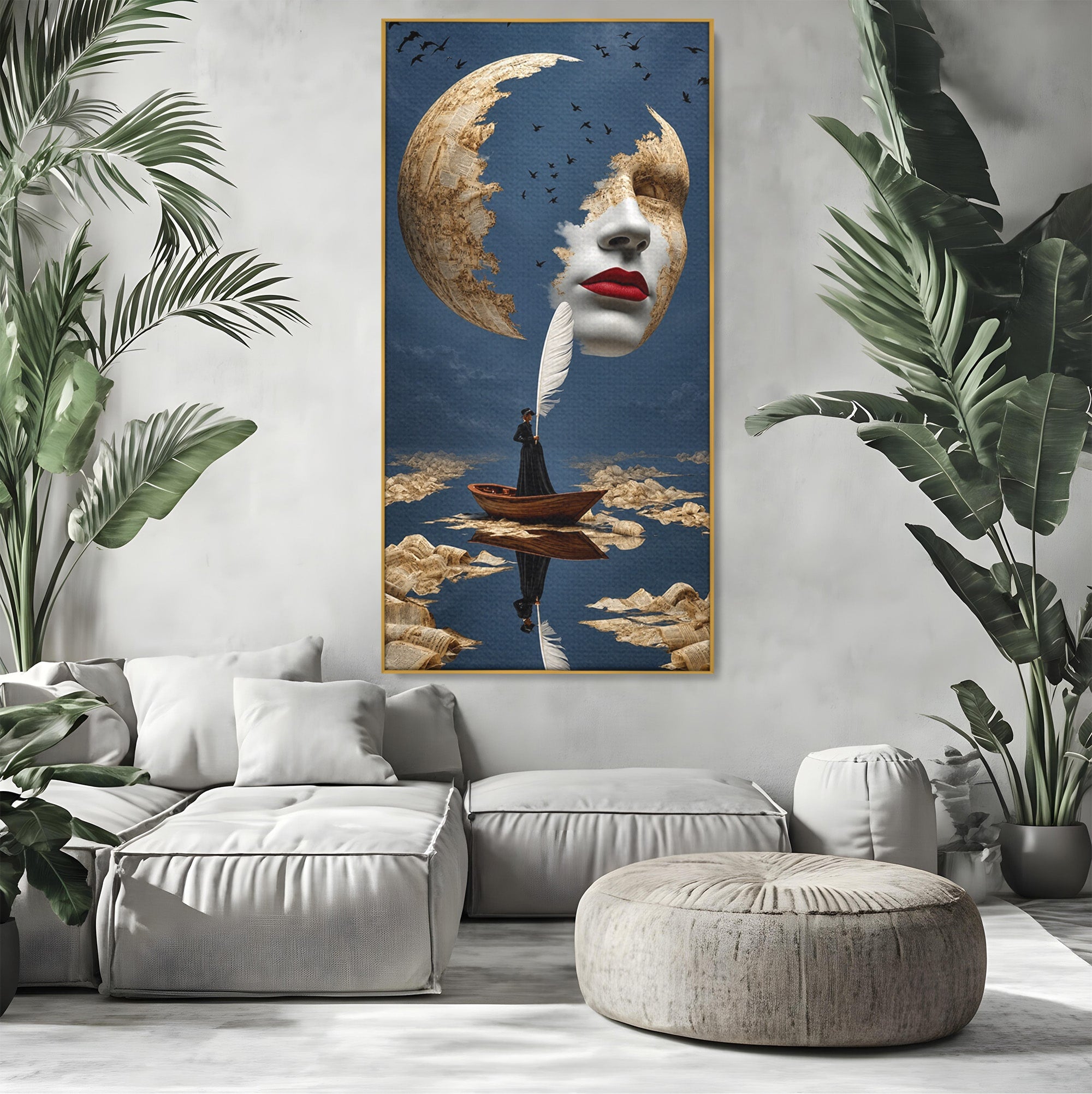 Tablou Canvas Premium LuxCanva® U1076, Fata Lunii, Surrealism, Luna, Chip, Barca, Cer, Living, Culori Vibrante
