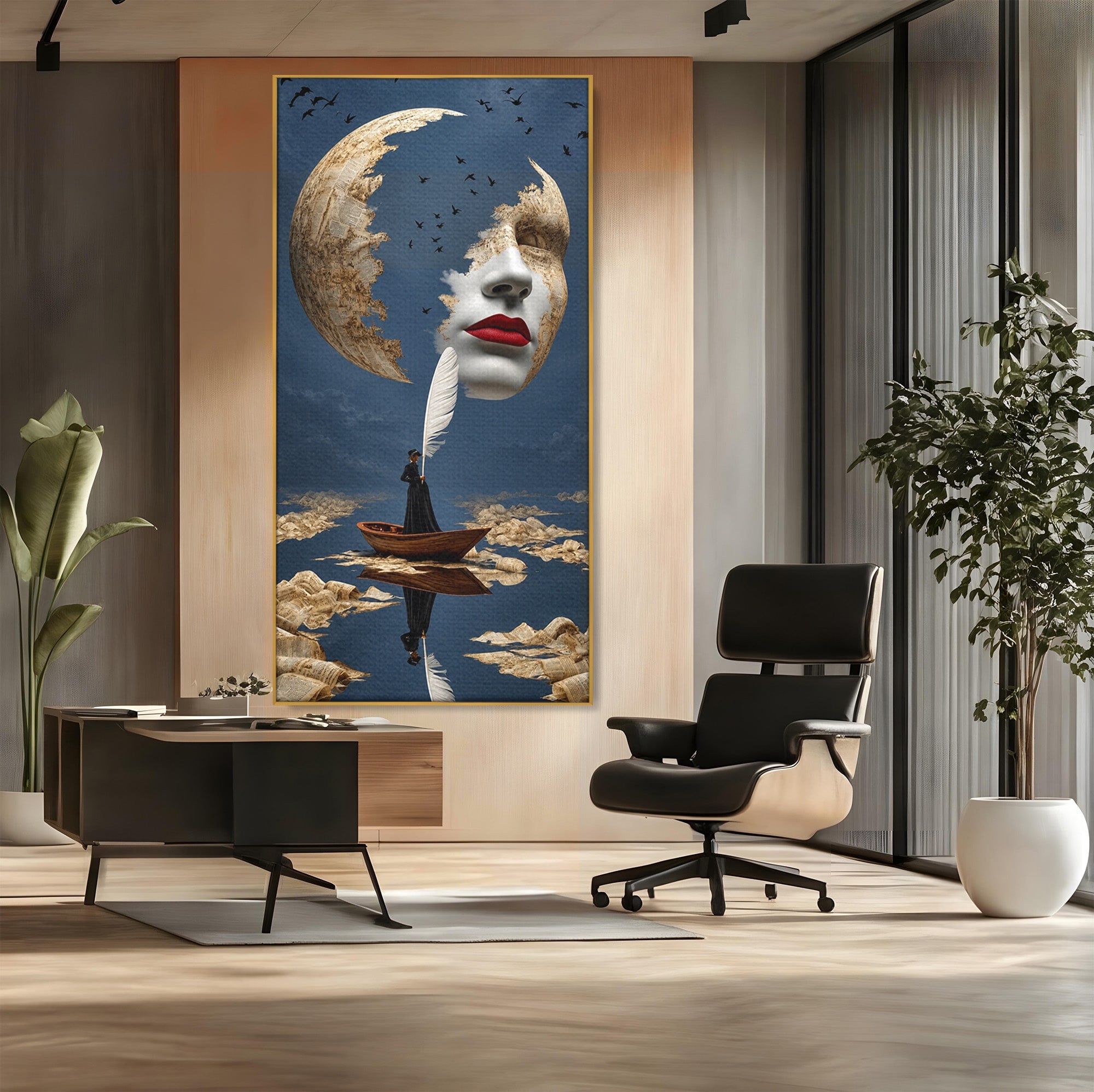 Tablou Canvas Premium LuxCanva® U1076, Fata Lunii, Surrealism, Luna, Chip, Barca, Cer, Living, Culori Vibrante