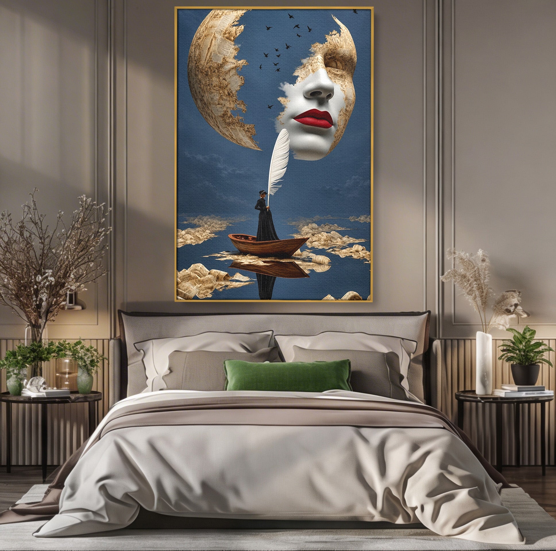 Tablou Canvas Premium LuxCanva® U1076, Fata Lunii, Surrealism, Luna, Chip, Barca, Cer, Living, Culori Vibrante