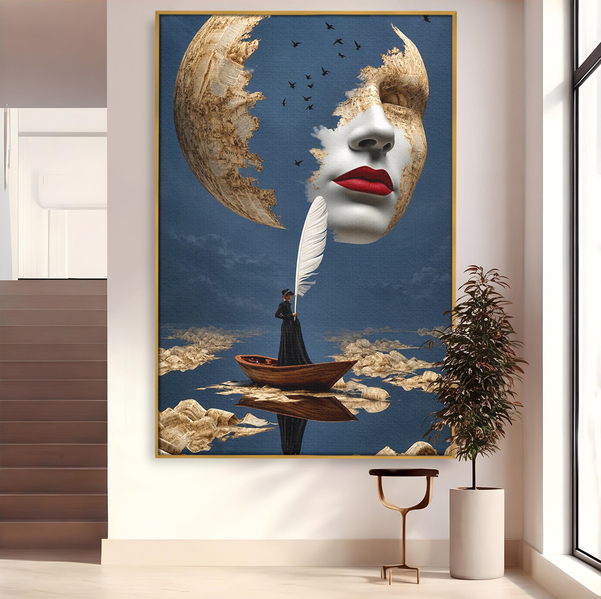 Tablou Canvas Premium LuxCanva® U1076, Fata Lunii, Surrealism, Luna, Chip, Barca, Cer, Living, Culori Vibrante