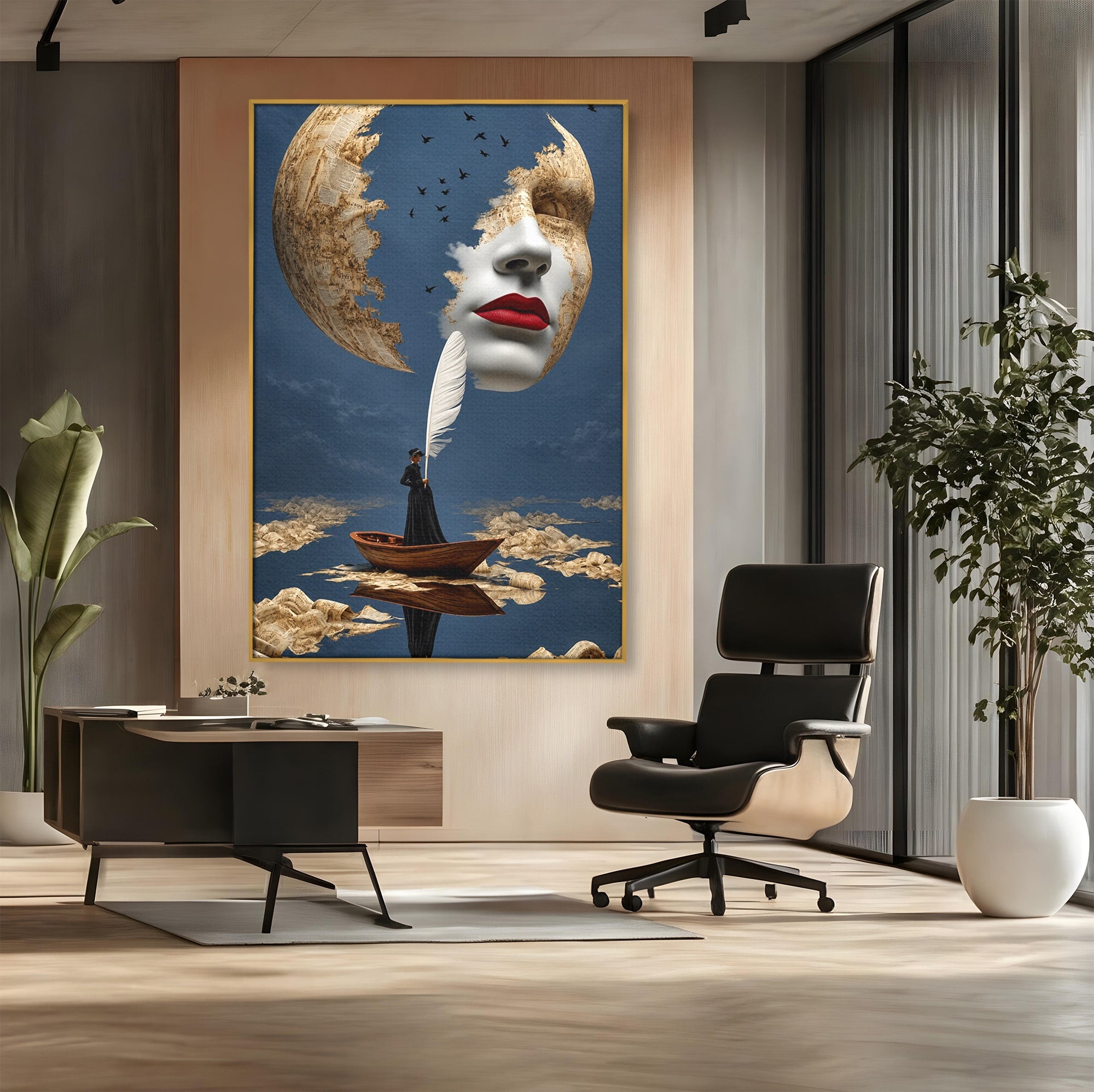 Tablou Canvas Premium LuxCanva® U1076, Fata Lunii, Surrealism, Luna, Chip, Barca, Cer, Living, Culori Vibrante