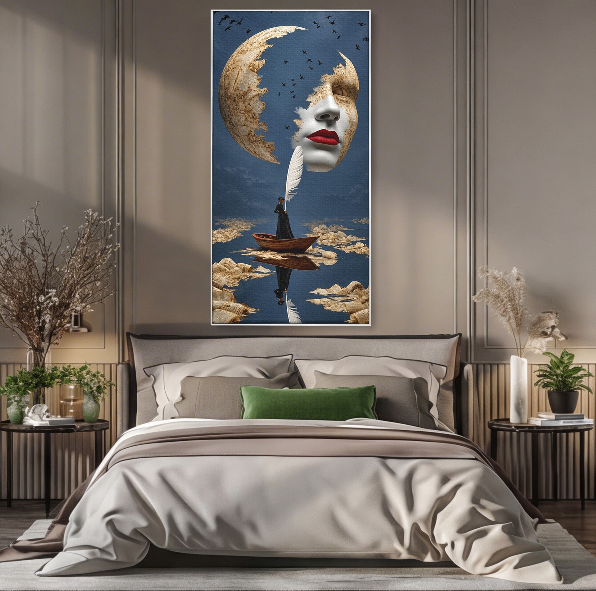 Tablou Canvas Premium LuxCanva® U1076, Fata Lunii, Surrealism, Luna, Chip, Barca, Cer, Living, Culori Vibrante