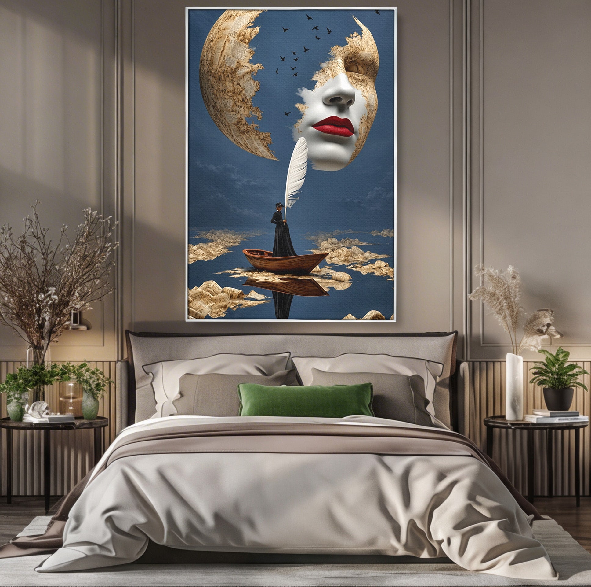 Tablou Canvas Premium LuxCanva® U1076, Fata Lunii, Surrealism, Luna, Chip, Barca, Cer, Living, Culori Vibrante