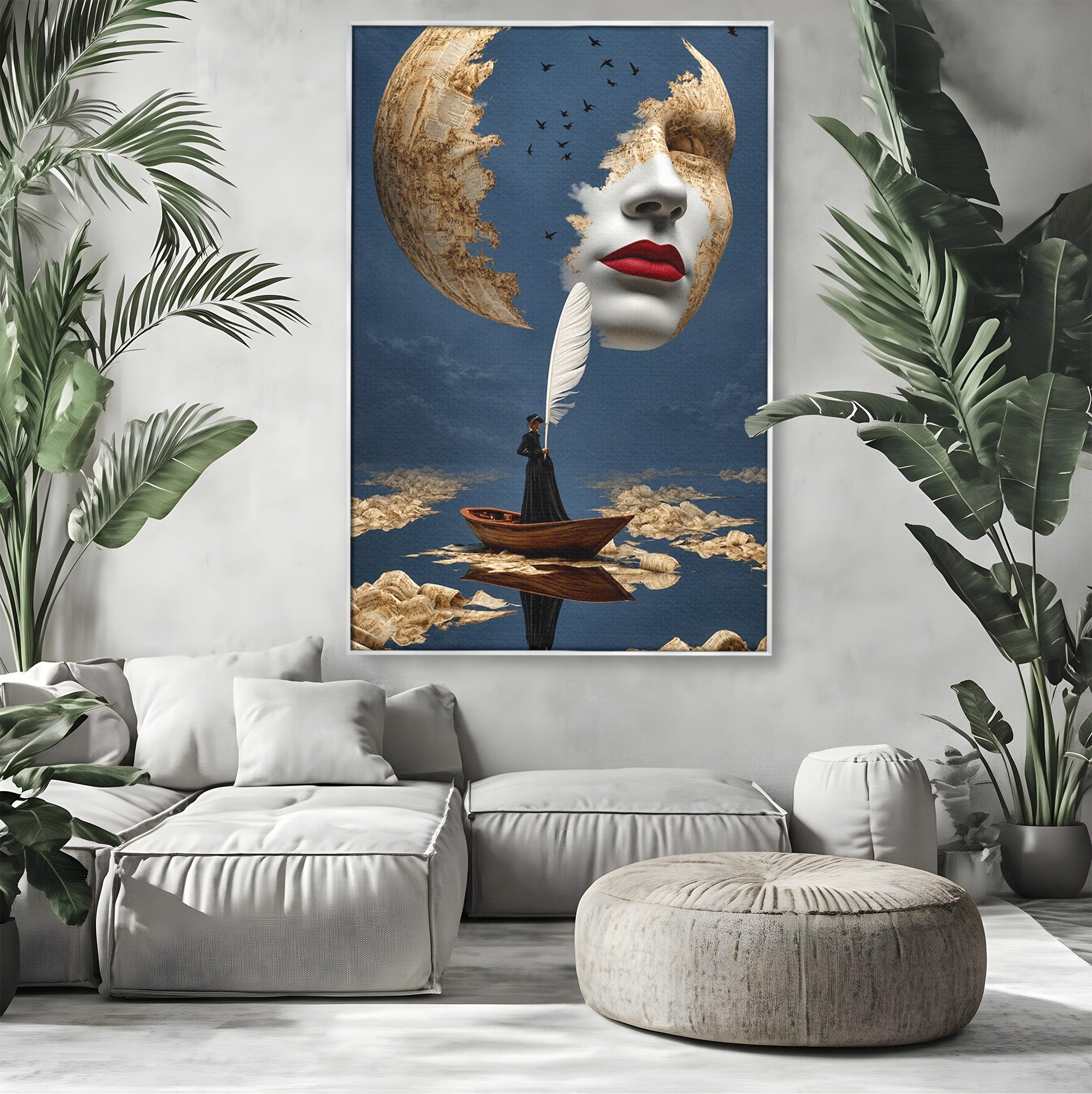 Tablou Canvas Premium LuxCanva® U1076, Fata Lunii, Surrealism, Luna, Chip, Barca, Cer, Living, Culori Vibrante