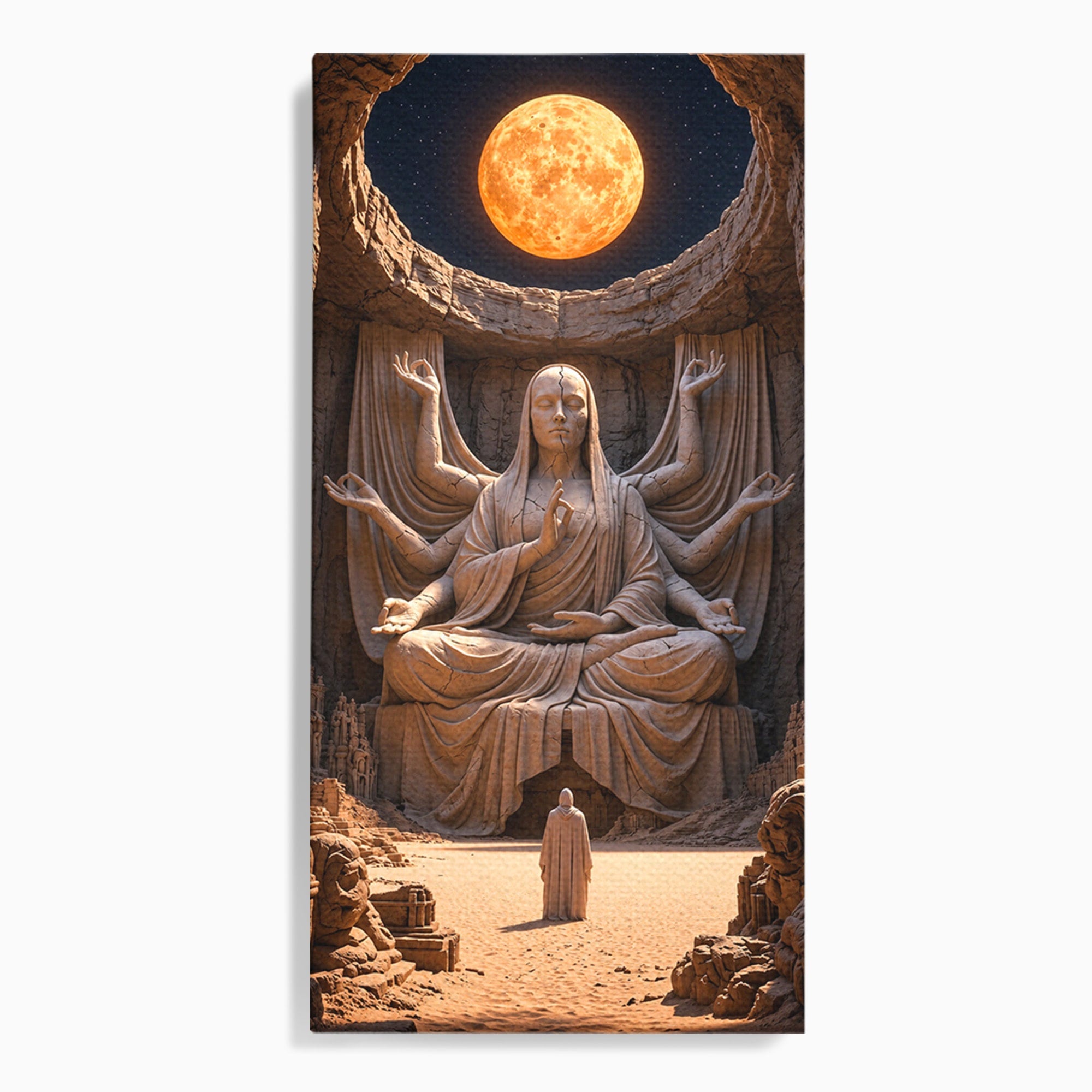 Tablou Canvas Premium LuxCanva® U1077, Sanctuarul Lunii, Zeita, Luna, Statuie, Mistic, Meditatie, Dormitor, Living, Culori Vibrante