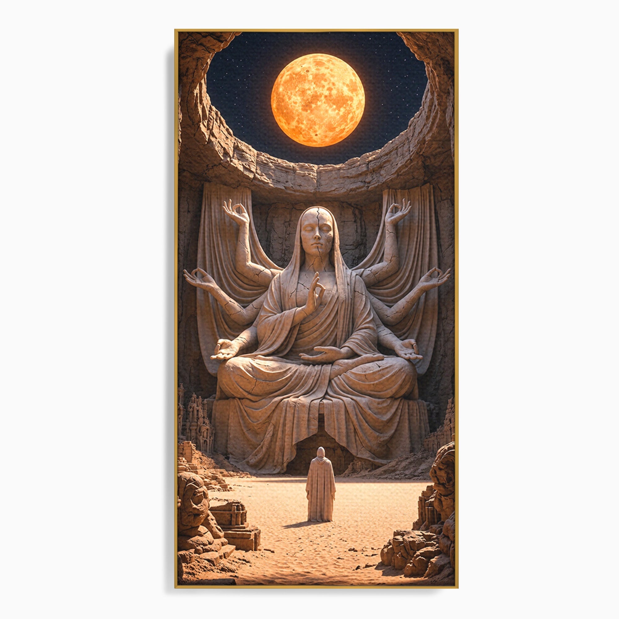 Tablou Canvas Premium LuxCanva® U1077, Sanctuarul Lunii, Zeita, Luna, Statuie, Mistic, Meditatie, Dormitor, Living, Culori Vibrante