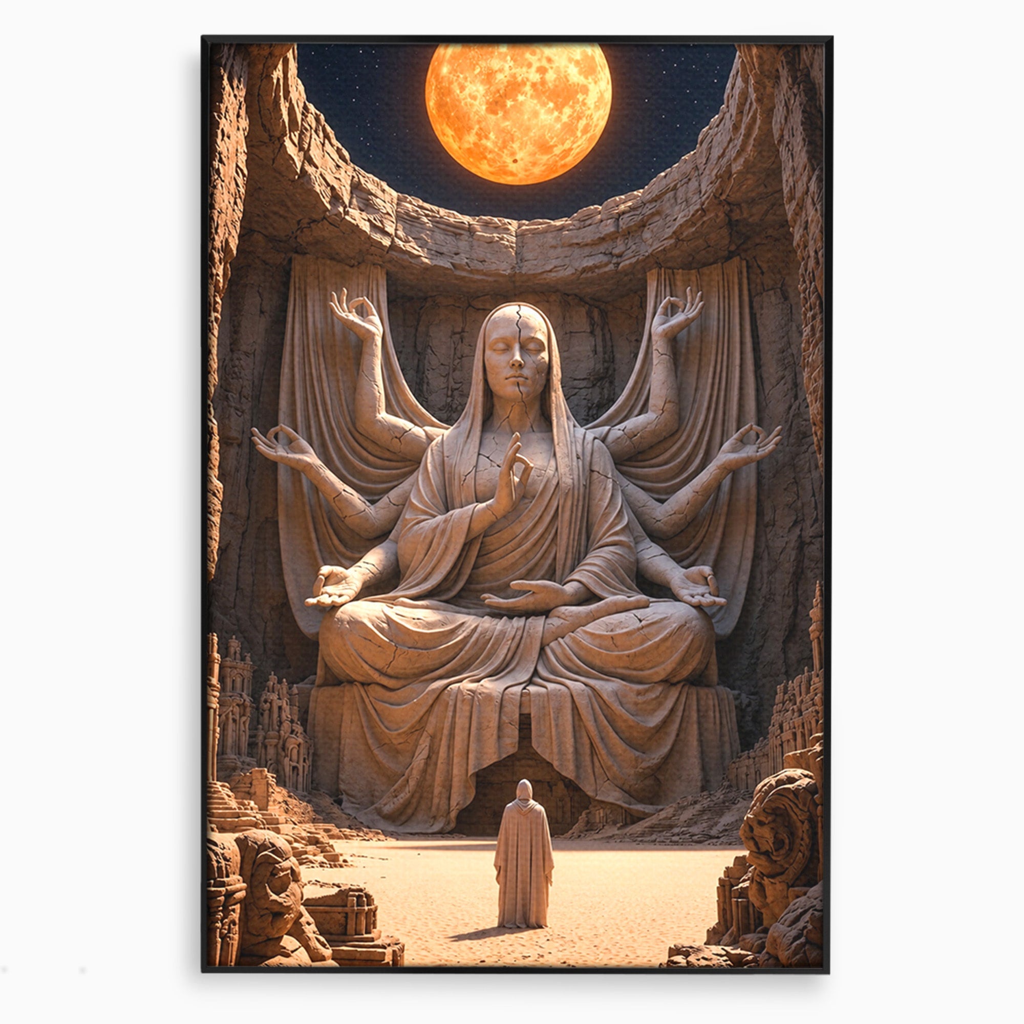 Tablou Canvas Premium LuxCanva® U1077, Sanctuarul Lunii, Zeita, Luna, Statuie, Mistic, Meditatie, Dormitor, Living, Culori Vibrante