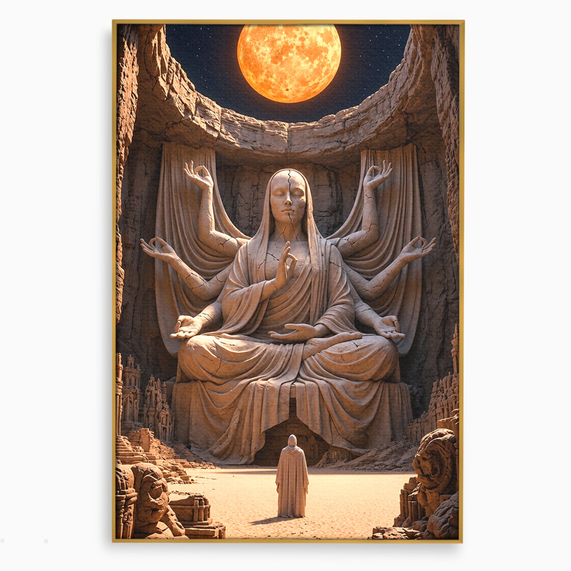 Tablou Canvas Premium LuxCanva® U1077, Sanctuarul Lunii, Zeita, Luna, Statuie, Mistic, Meditatie, Dormitor, Living, Culori Vibrante