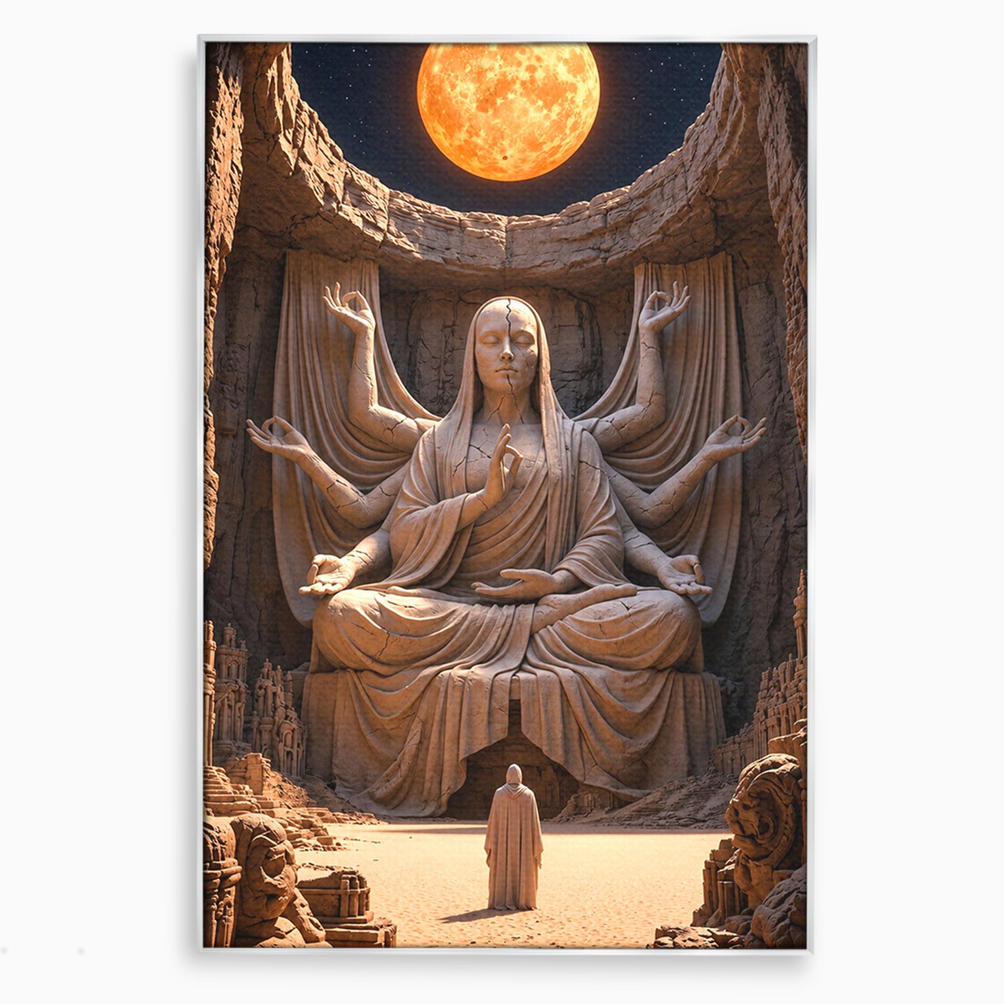 Tablou Canvas Premium LuxCanva® U1077, Sanctuarul Lunii, Zeita, Luna, Statuie, Mistic, Meditatie, Dormitor, Living, Culori Vibrante