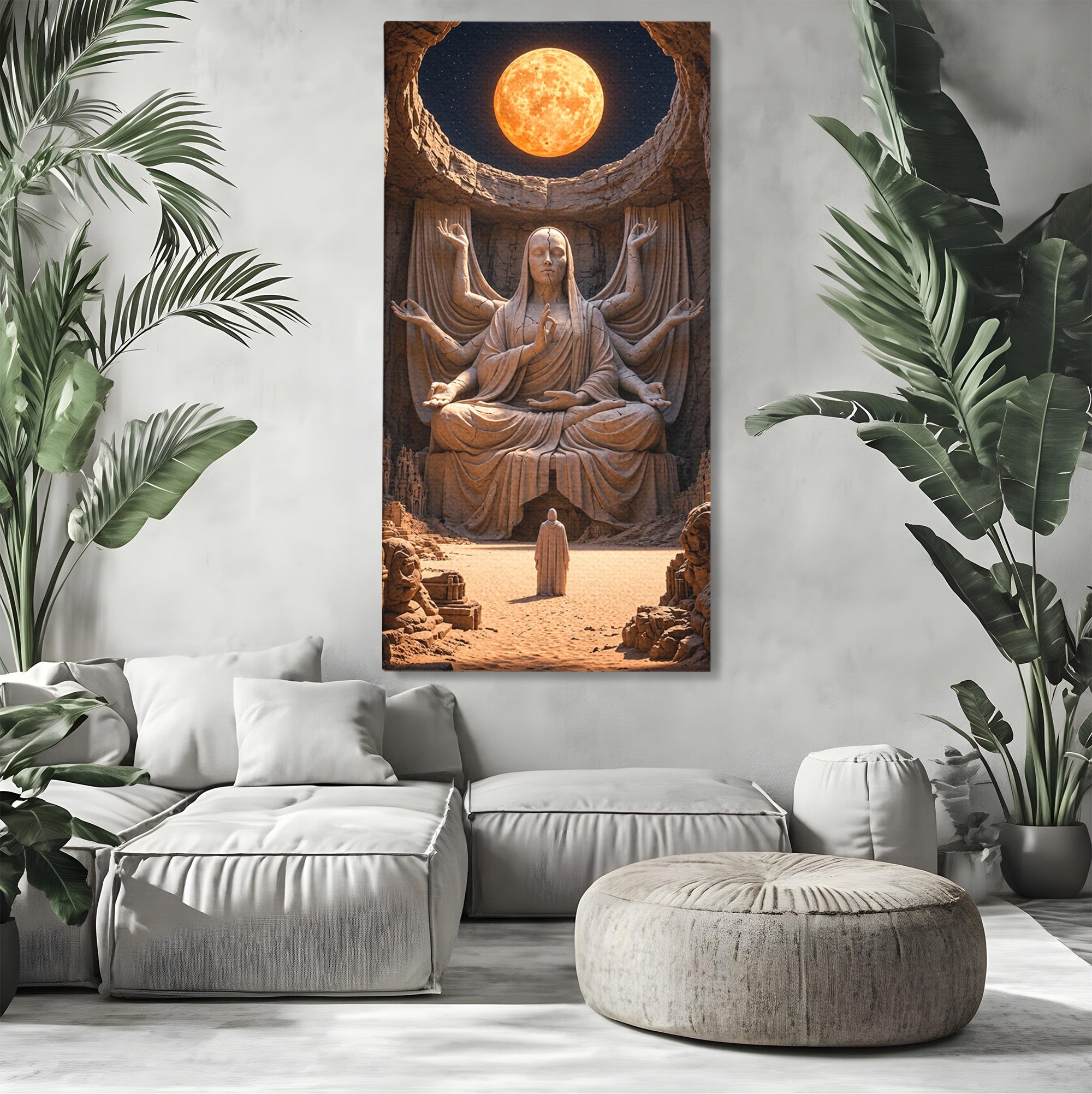Tablou Canvas Premium LuxCanva® U1077, Sanctuarul Lunii, Zeita, Luna, Statuie, Mistic, Meditatie, Dormitor, Living, Culori Vibrante
