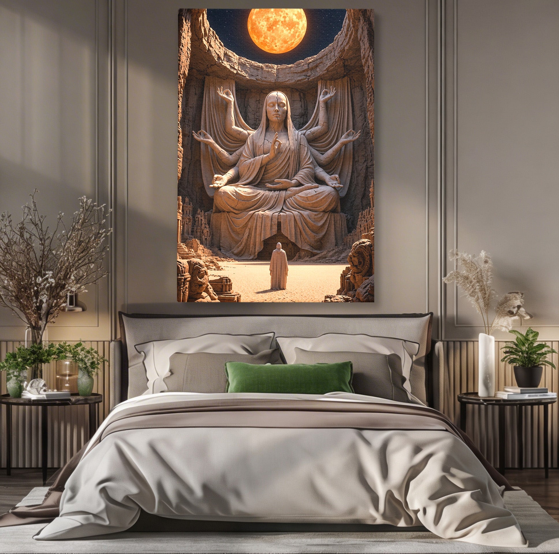 Tablou Canvas Premium LuxCanva® U1077, Sanctuarul Lunii, Zeita, Luna, Statuie, Mistic, Meditatie, Dormitor, Living, Culori Vibrante