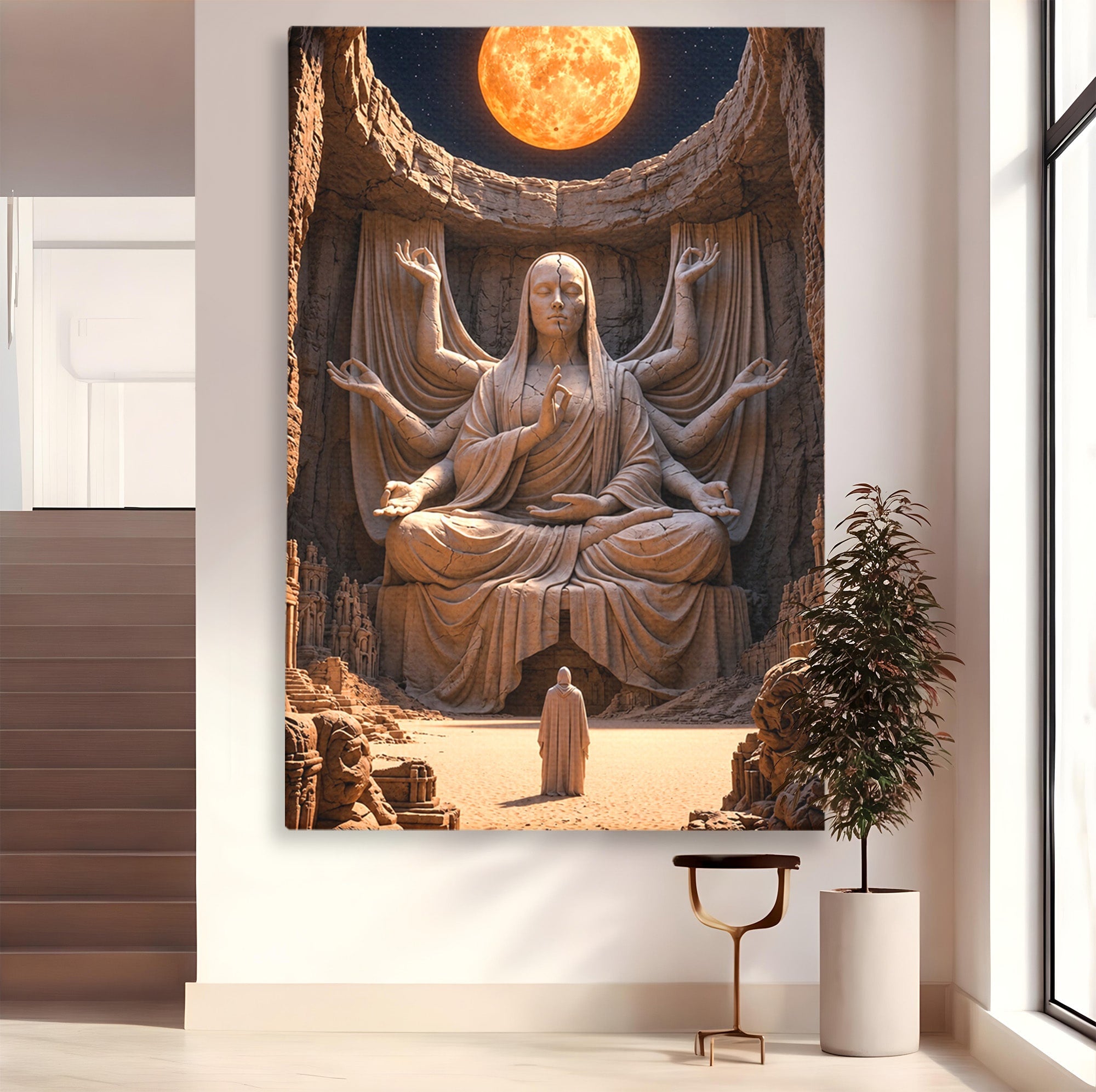 Tablou Canvas Premium LuxCanva® U1077, Sanctuarul Lunii, Zeita, Luna, Statuie, Mistic, Meditatie, Dormitor, Living, Culori Vibrante