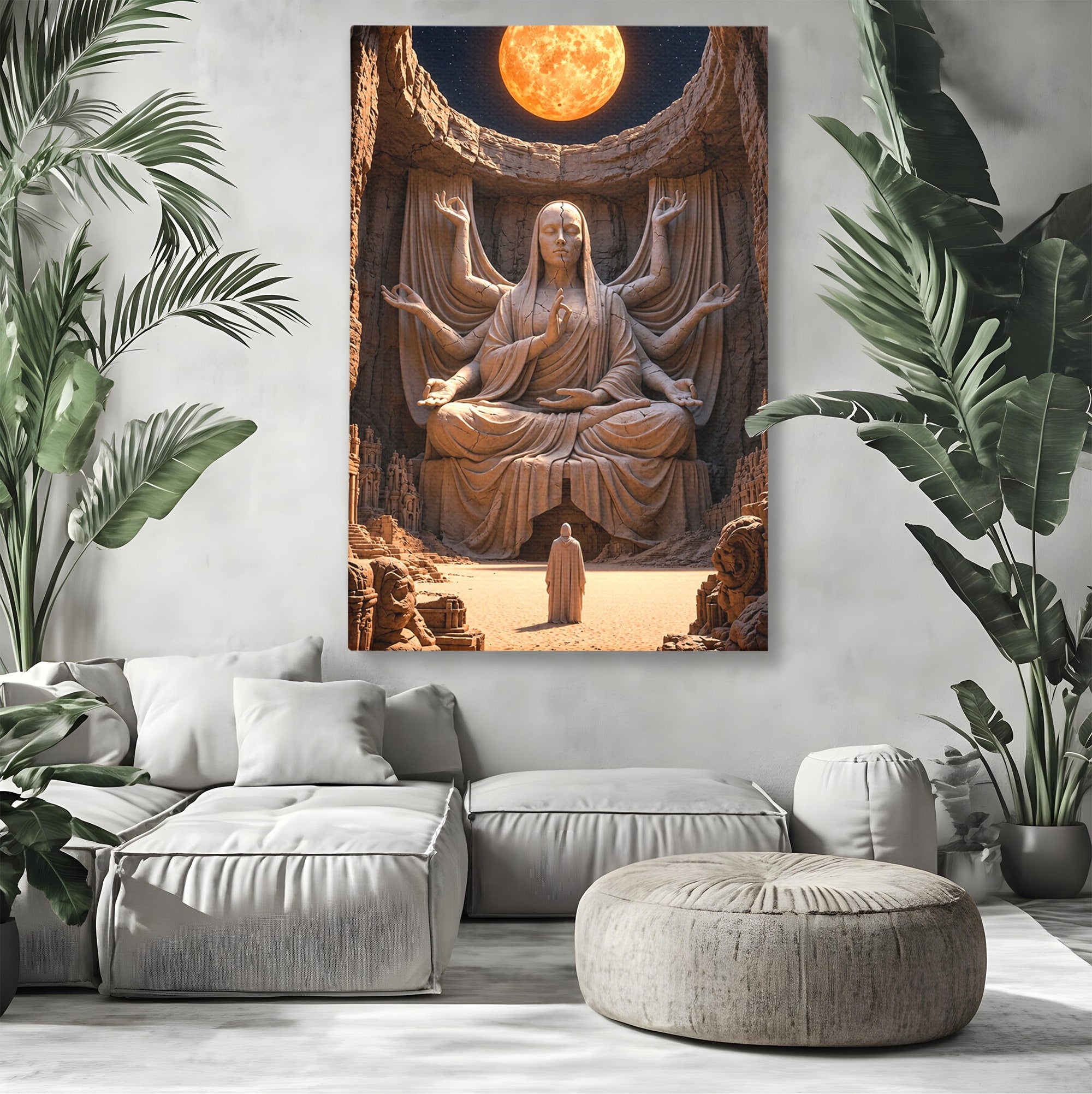 Tablou Canvas Premium LuxCanva® U1077, Sanctuarul Lunii, Zeita, Luna, Statuie, Mistic, Meditatie, Dormitor, Living, Culori Vibrante