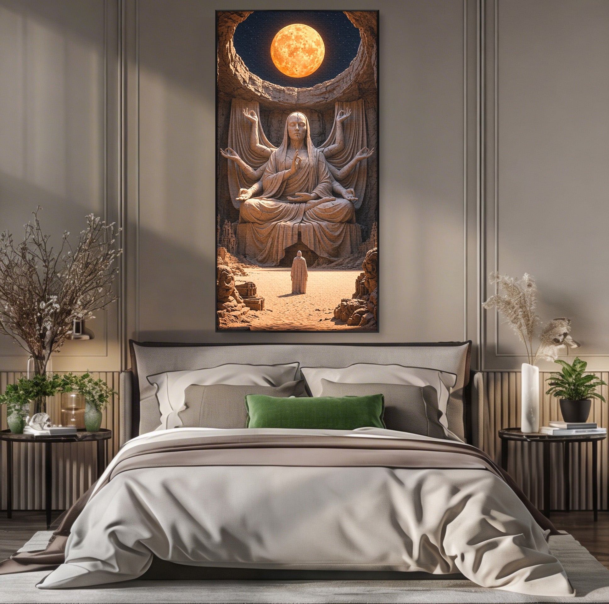 Tablou Canvas Premium LuxCanva® U1077, Sanctuarul Lunii, Zeita, Luna, Statuie, Mistic, Meditatie, Dormitor, Living, Culori Vibrante