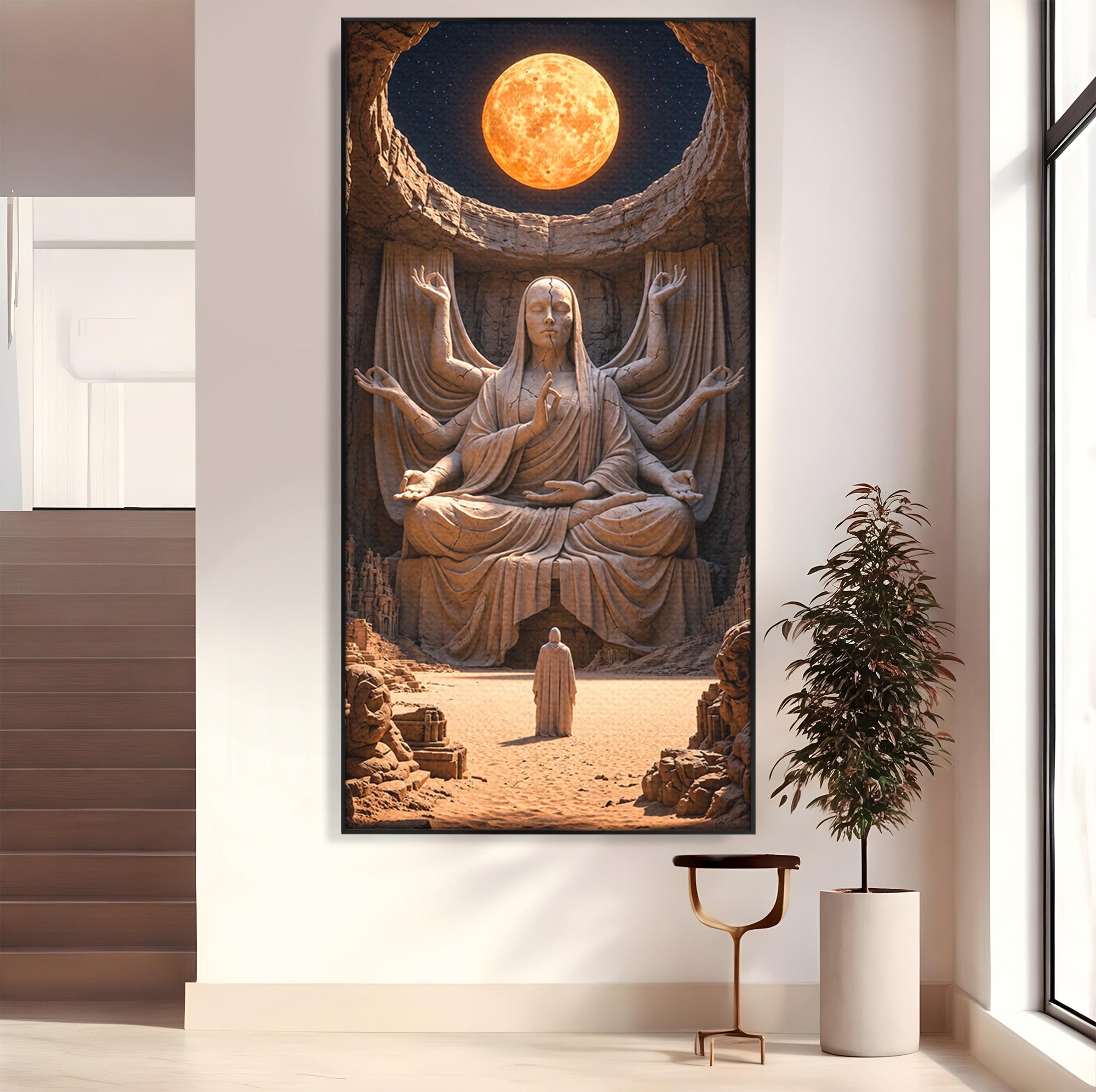 Tablou Canvas Premium LuxCanva® U1077, Sanctuarul Lunii, Zeita, Luna, Statuie, Mistic, Meditatie, Dormitor, Living, Culori Vibrante