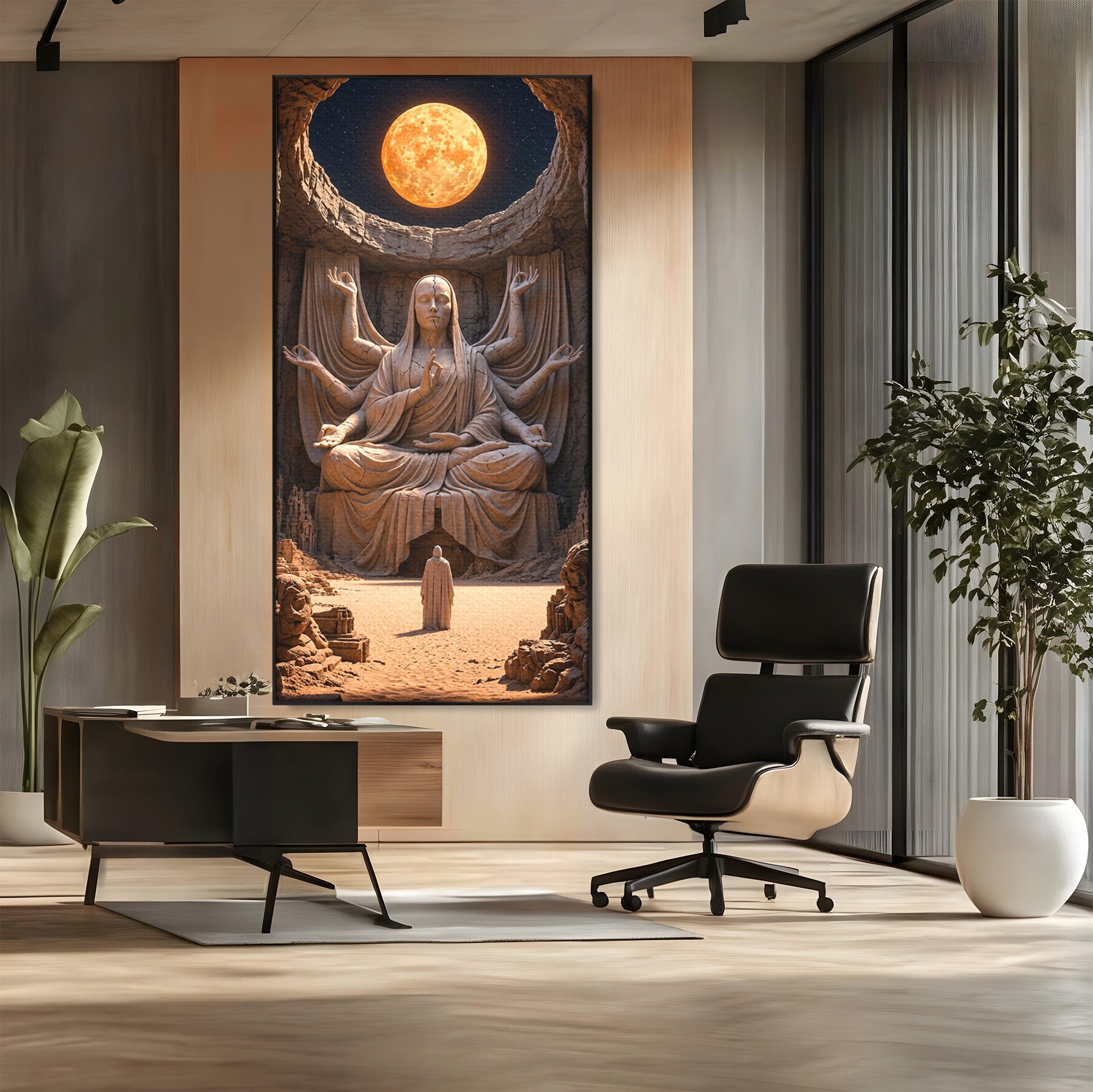 Tablou Canvas Premium LuxCanva® U1077, Sanctuarul Lunii, Zeita, Luna, Statuie, Mistic, Meditatie, Dormitor, Living, Culori Vibrante