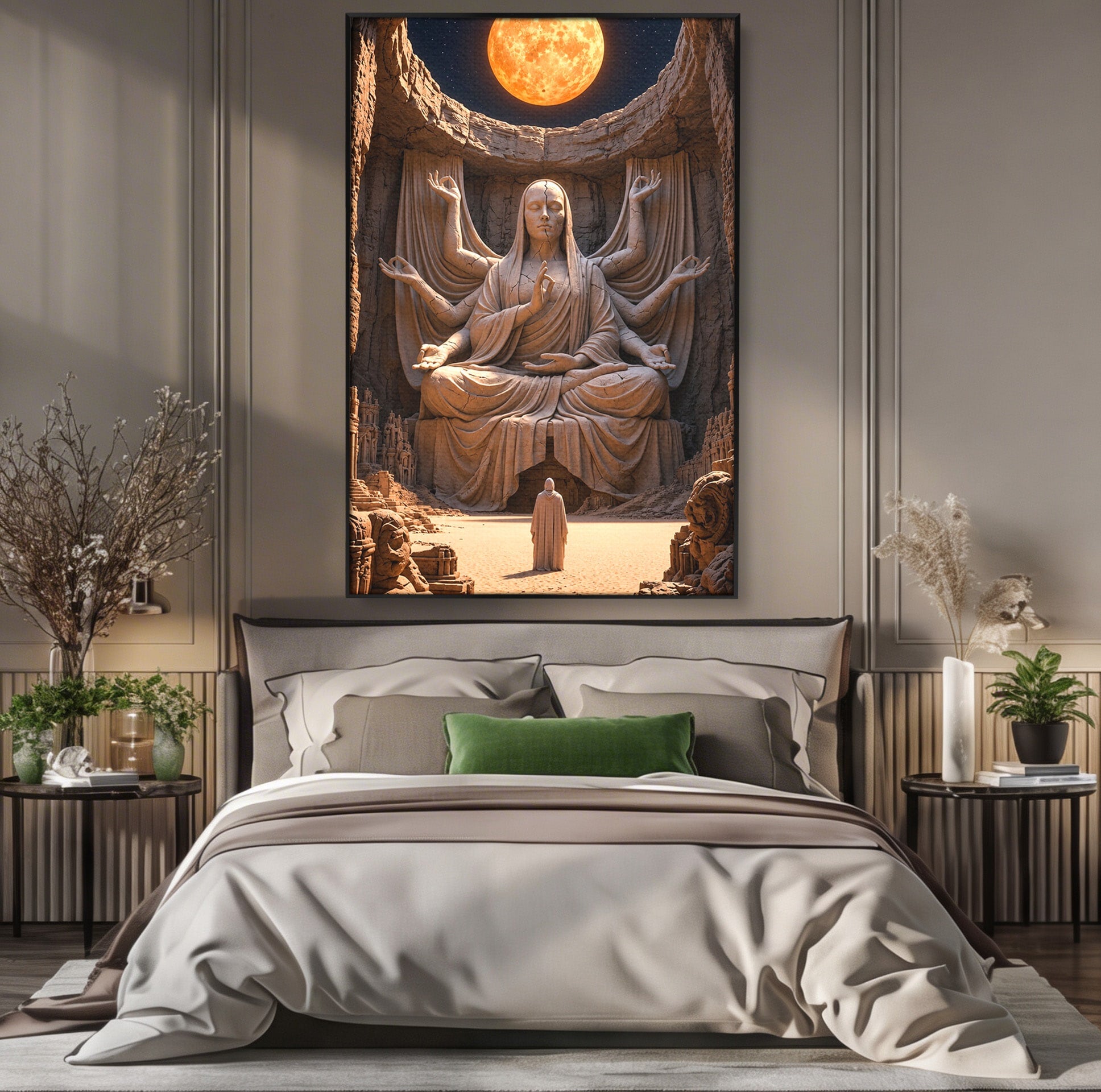 Tablou Canvas Premium LuxCanva® U1077, Sanctuarul Lunii, Zeita, Luna, Statuie, Mistic, Meditatie, Dormitor, Living, Culori Vibrante