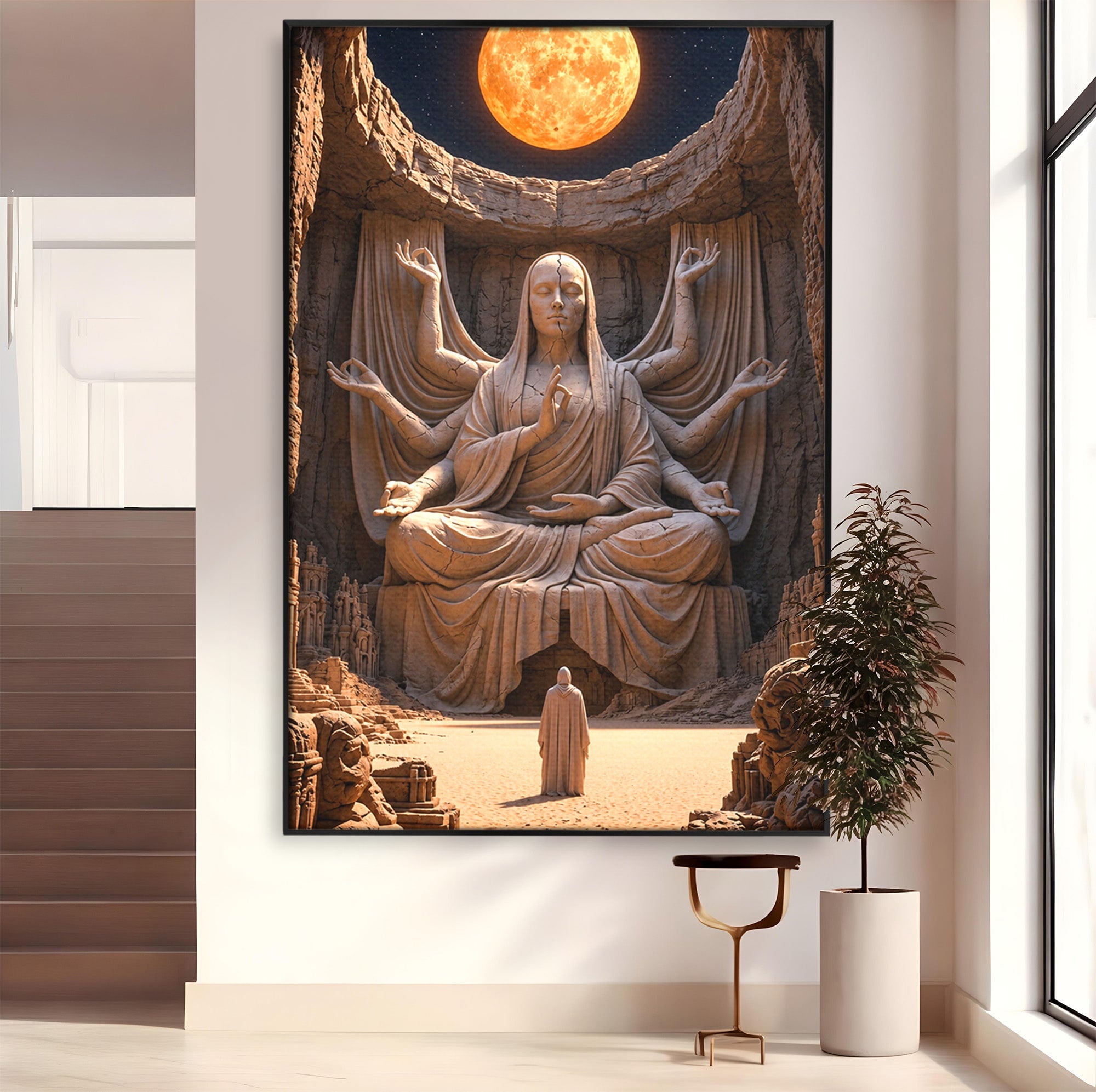 Tablou Canvas Premium LuxCanva® U1077, Sanctuarul Lunii, Zeita, Luna, Statuie, Mistic, Meditatie, Dormitor, Living, Culori Vibrante