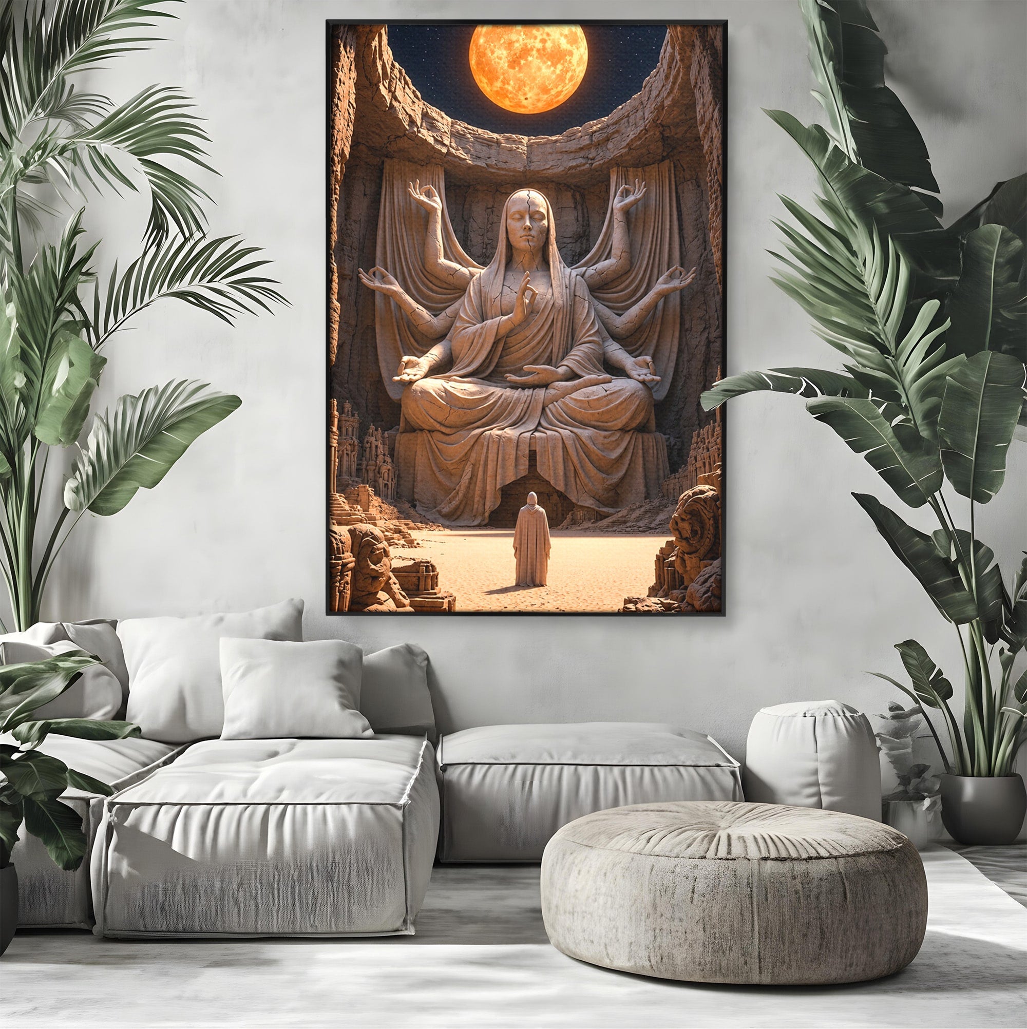 Tablou Canvas Premium LuxCanva® U1077, Sanctuarul Lunii, Zeita, Luna, Statuie, Mistic, Meditatie, Dormitor, Living, Culori Vibrante