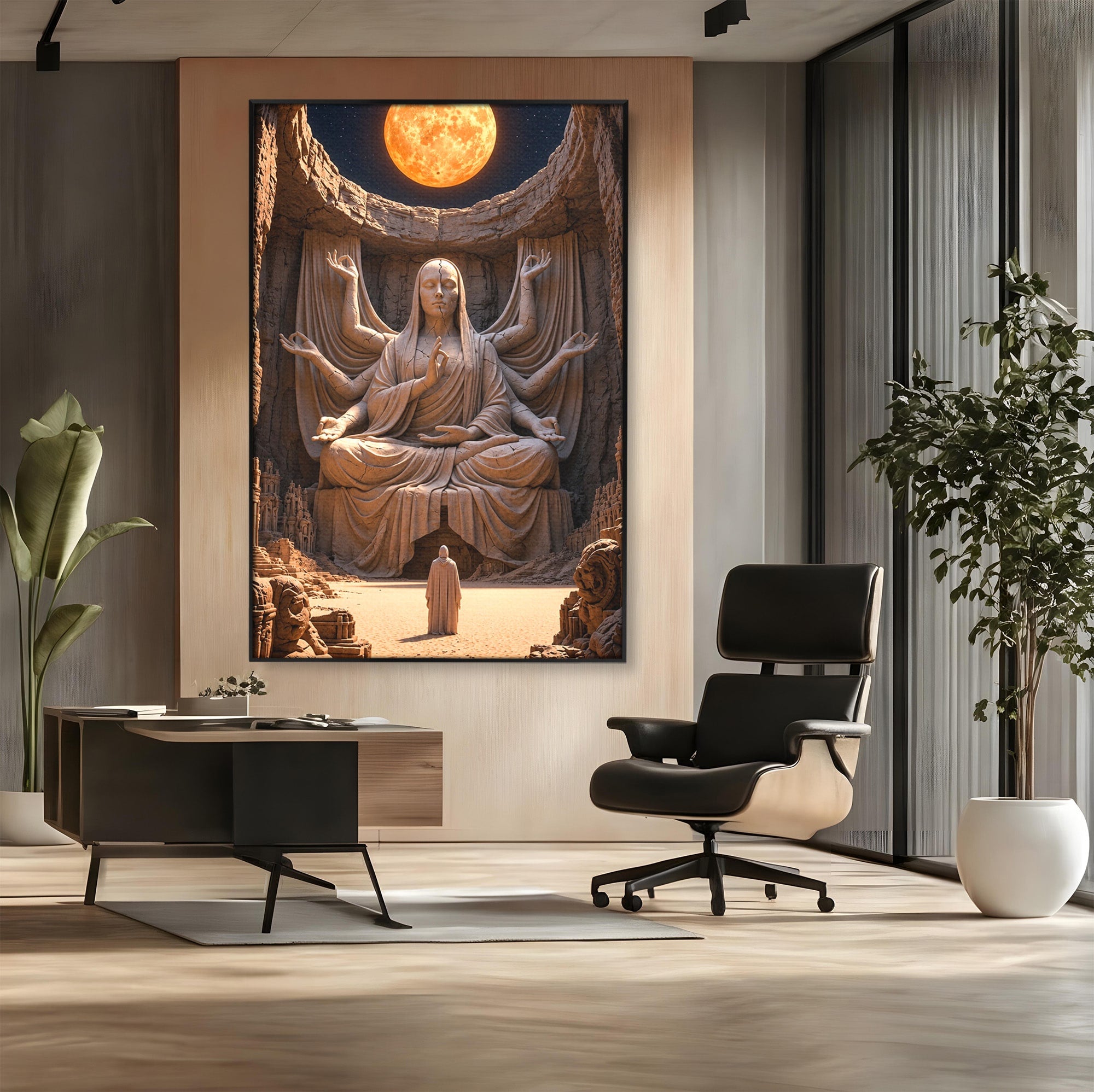 Tablou Canvas Premium LuxCanva® U1077, Sanctuarul Lunii, Zeita, Luna, Statuie, Mistic, Meditatie, Dormitor, Living, Culori Vibrante