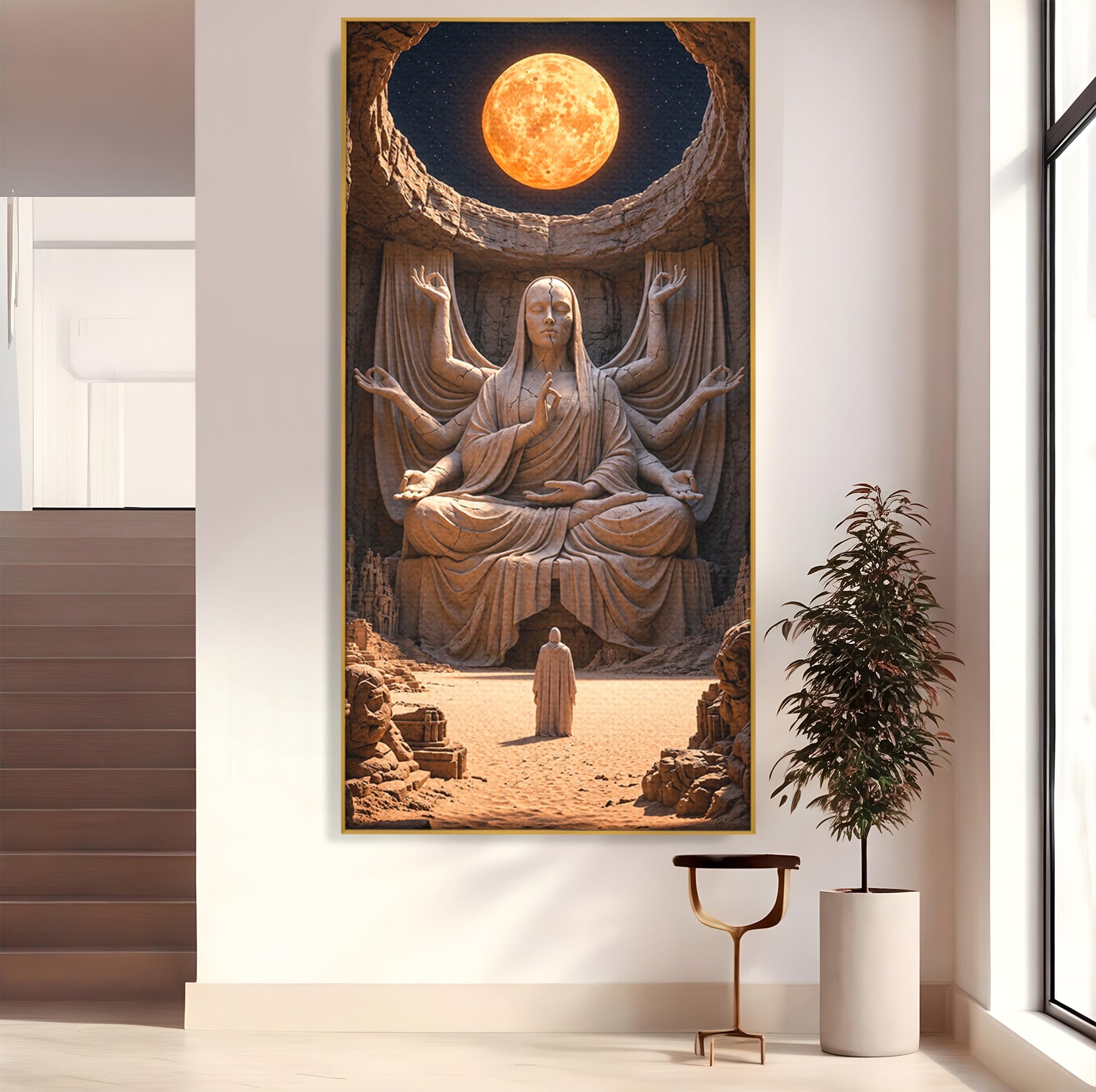 Tablou Canvas Premium LuxCanva® U1077, Sanctuarul Lunii, Zeita, Luna, Statuie, Mistic, Meditatie, Dormitor, Living, Culori Vibrante